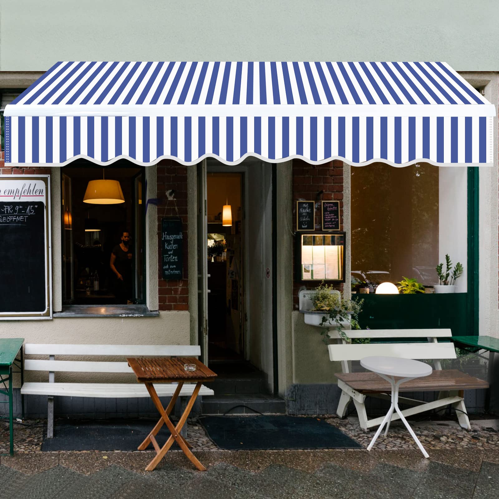 Store Banne Manuel, 350x300cm Bleu-Blanc Store de Terrasse en Aluminium et Polyester avec Manivelle, Auvent Rétractable à Bras Repliable, Angle Réglable 0-30°, Résistant aux UV