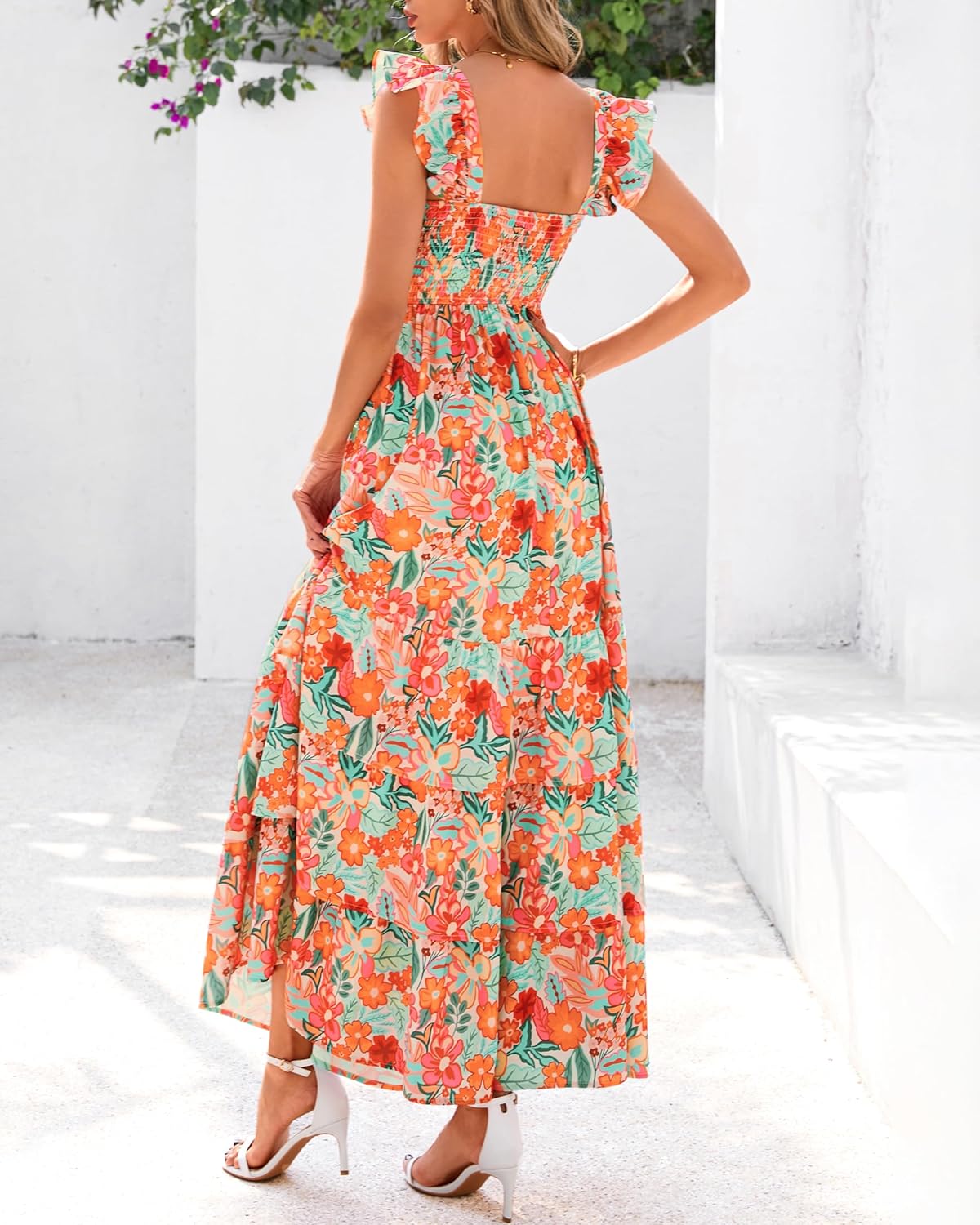 dowerme Summer Dresses for Women 2026 Casual Ruffle Smocked Tiered A-Line Boho Floral Maxi Beach Sun Dress with Pockets - Image 5