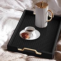 Vista 4 de HofferRuffer Bandeja de servir rectangular de cuero sintético plato decorativo con asas de metal dorado para mesa de café, desayuno, té, comida