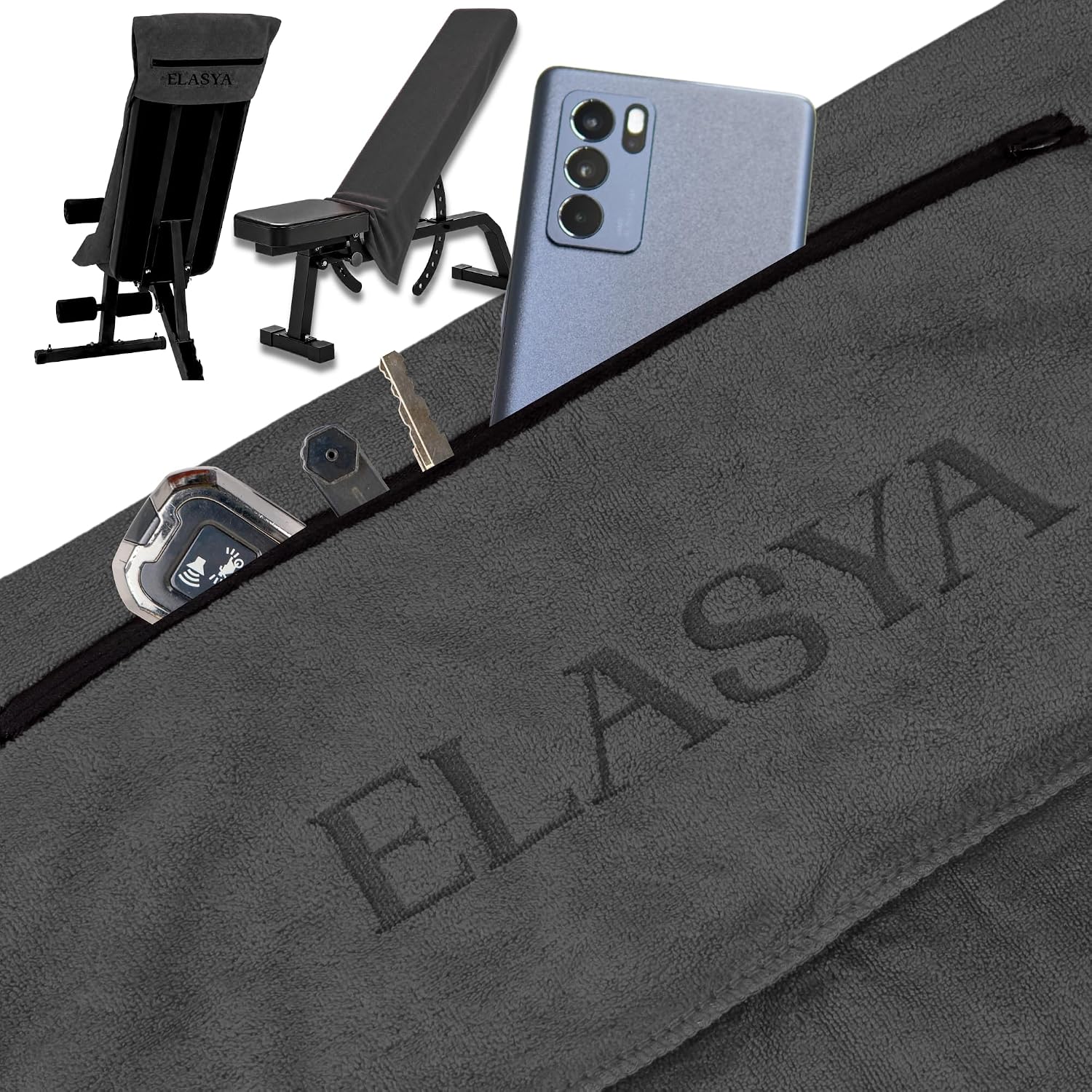 Hooded Gym Bench Towel Microfiber with Zipper Pocket, Grey, 47"x19.7" | Non Slip Bench Cover, Workout Towel Sweat Protection & Hygiene, Workout Essentials for Men Gift | Toallas para Gym Hombres