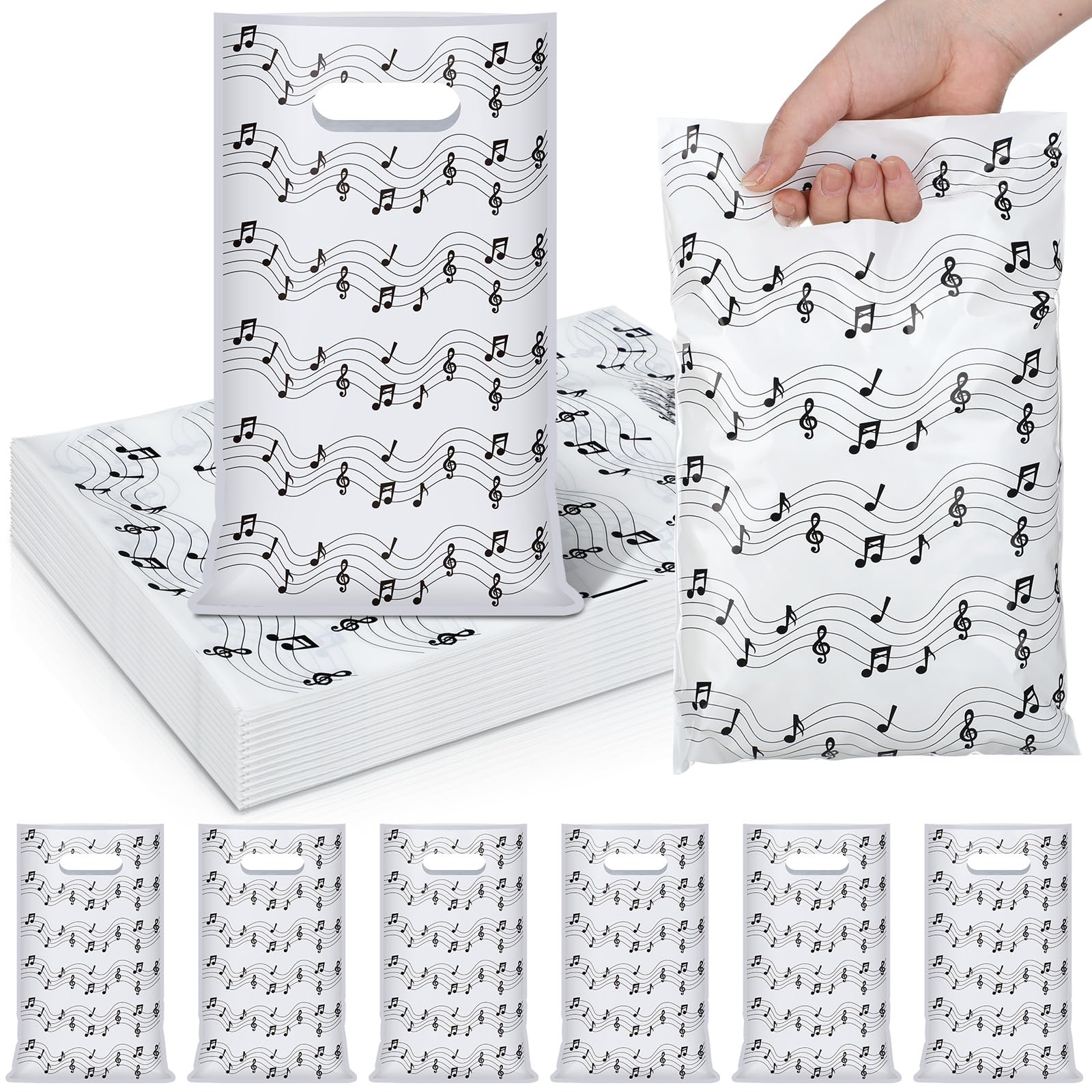 Supervitae 100 Pcs Music Party Favors Bags Bulk 8 x 11.8 Inch Plastic Candy Cookies Treat Goody Bags with Handles for Birthday Theme Party Gift