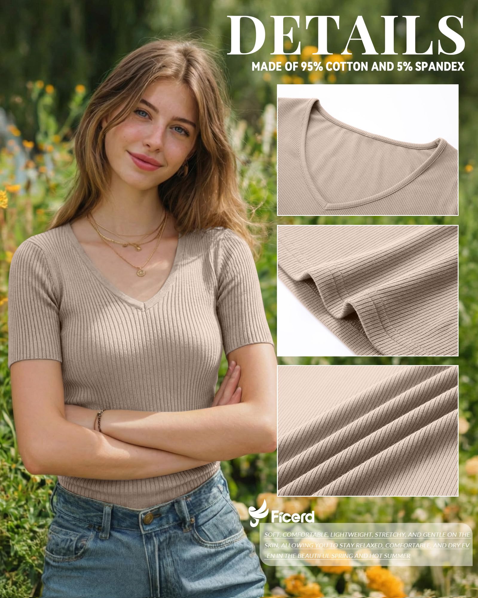 Ficerd 3er Damen Baumwoll-Rippshirts V-Ausschnitt
