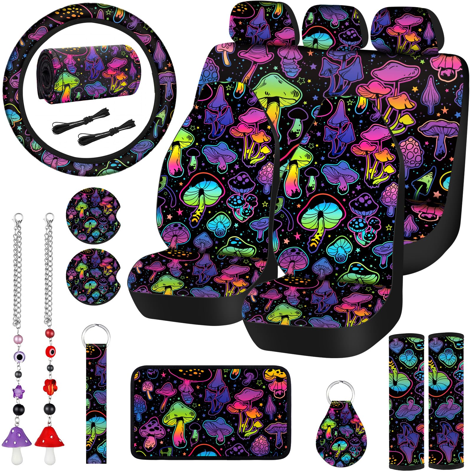 Riakrum 17 Pcs Mushroom Car Seat Covers Mushroom Car Accessories Full Set for Women Men Automotive Rear Front Seat Protector View Mirror Hanging Ornament Steer Wheel Belt Cover(Cool Mushroom)