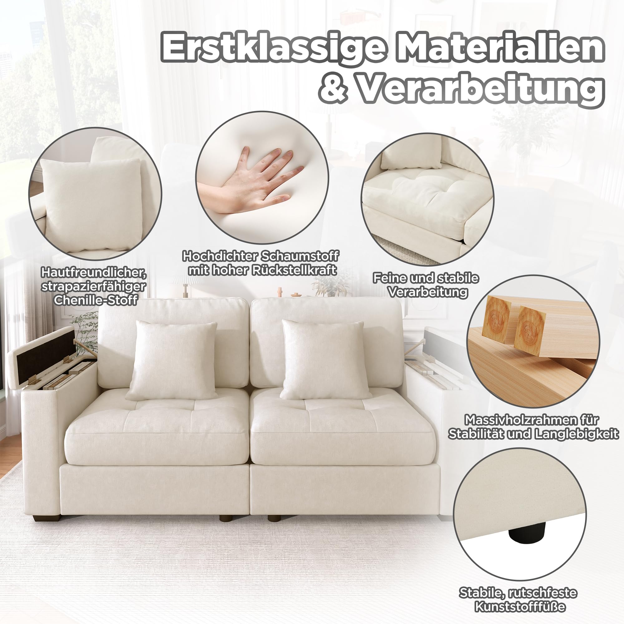 Merax 2-Sitzer Sofa mit Stauraum in den Armlehnen, Wohnzimmercouch aus weichem Chenille-Stoff, Polstersofa inkl. 2 Kissen & hochdichtem Schaumstoff, Couch für kleine Räume, Dunkelgrau