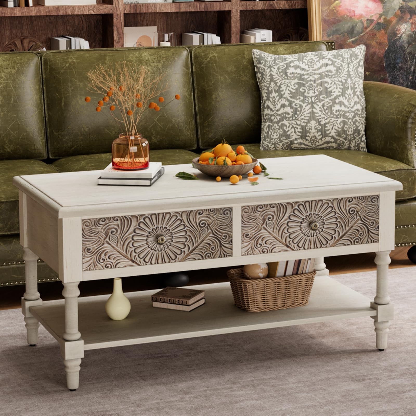 COSIEST Vintage Coffee Table w Drawers, Farmhouse 2 Tier Small Wood Coffee Table, Wood Rectangular Tables with Shelf for Living Room