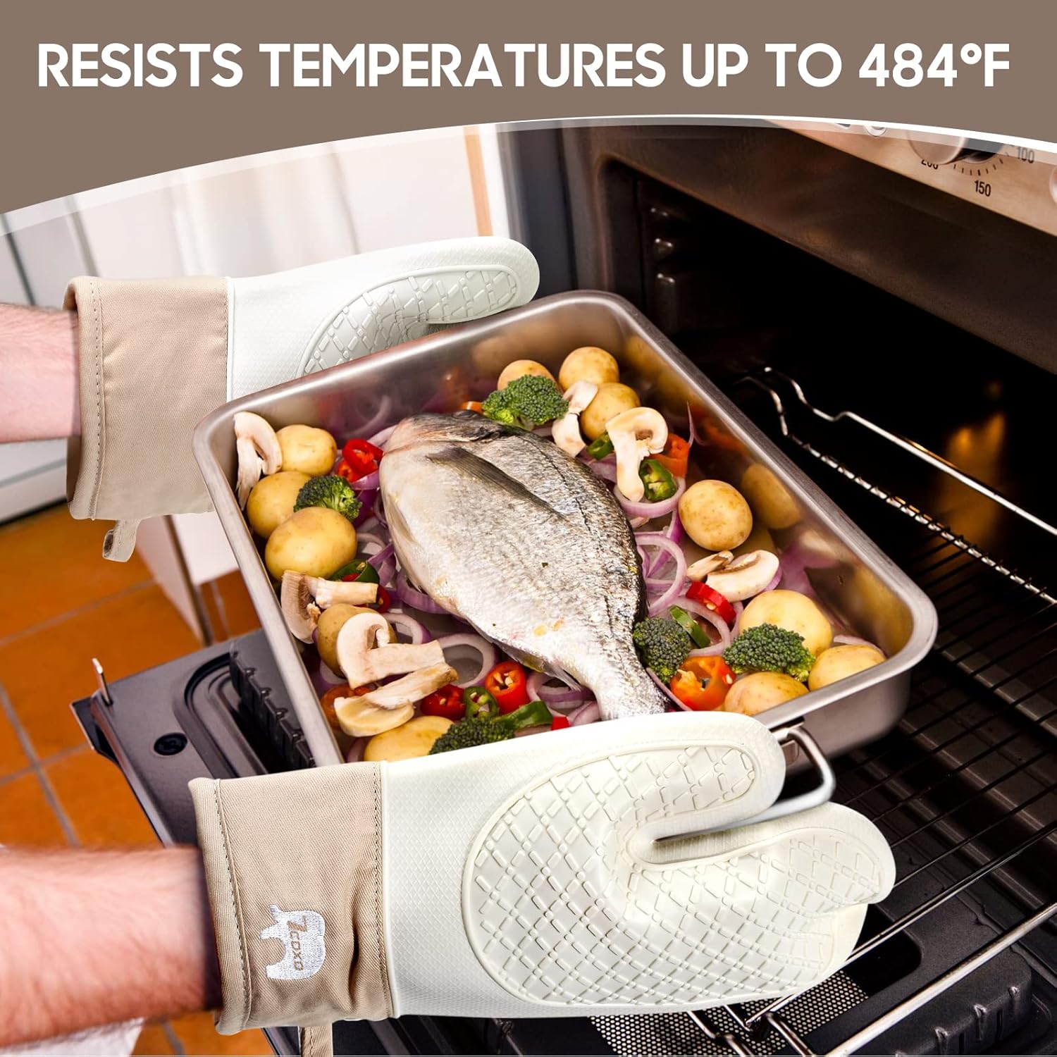 Oven Mitts and Pot Holders Sets for Kitchen, 2 Pack Extra Long Heat Resistant Silicone Oven Mitt Heat Resistant 500°F with Soft Cotton Lining for BBQ, Baking and Cooking 11" - Image 3