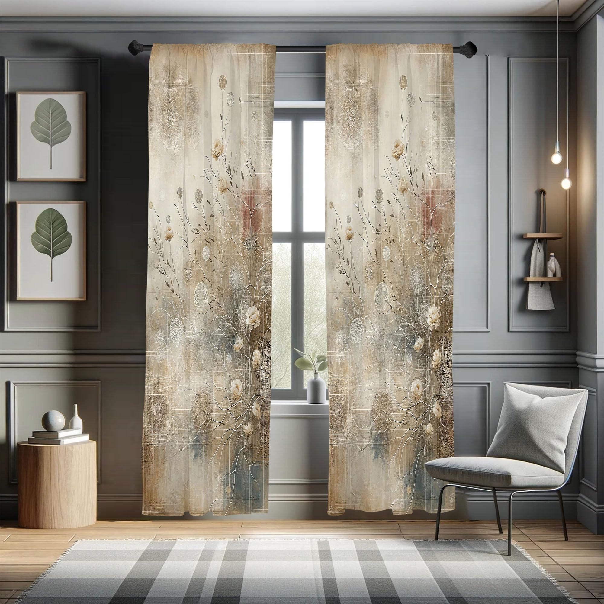 Ambesonne Bohemian Curtains, Boho Botanical Pattern of Thin Dried Branches and Blooming Roses, Window Treatments 2 Panel Set for Living Room Bedroom,