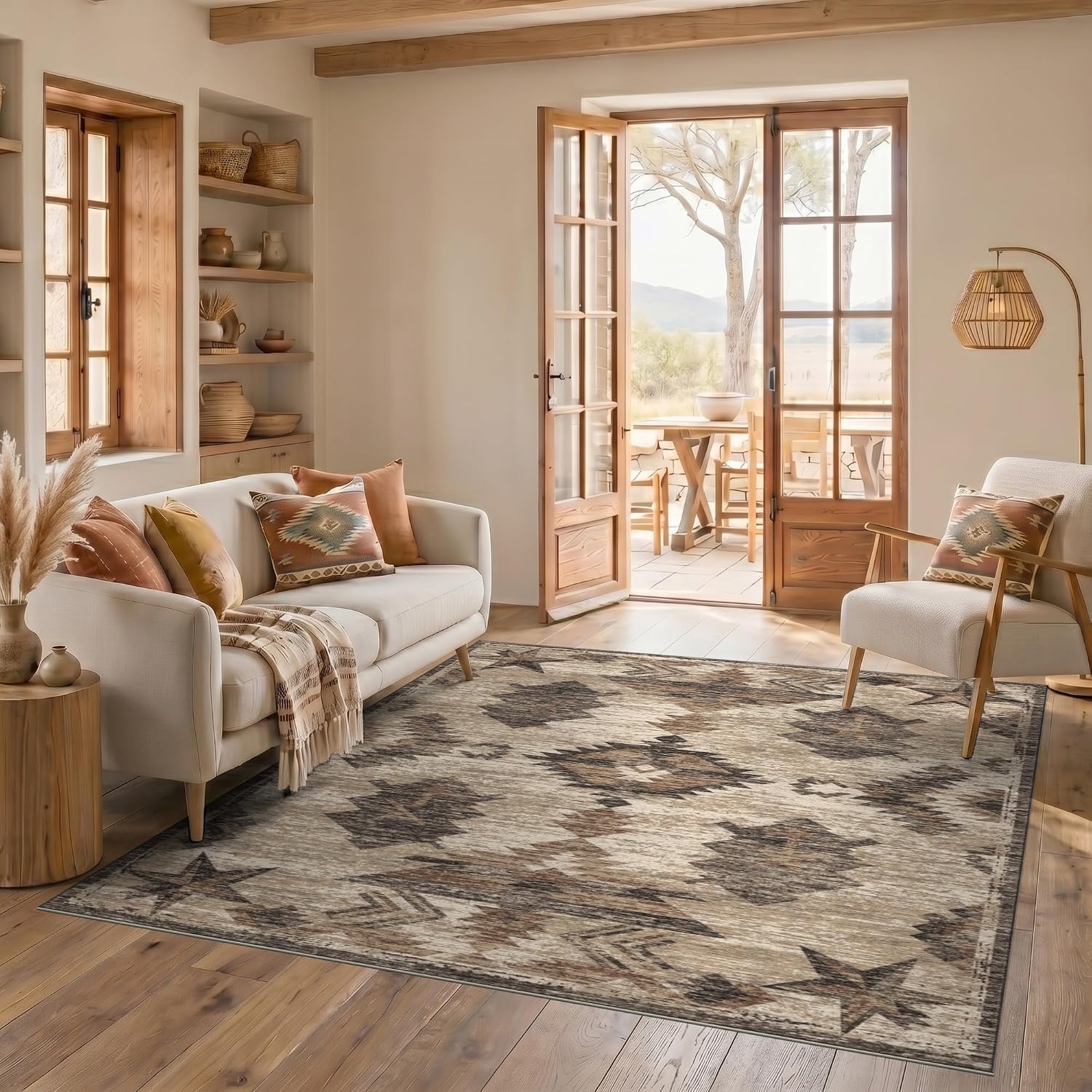5'x7' Washable Area Rug Star Primitive Cowboy Vintage Distressed Southwestern Border Art Easy Care Kids Safe for Small Living Room, Playroom, Bedroom image 2