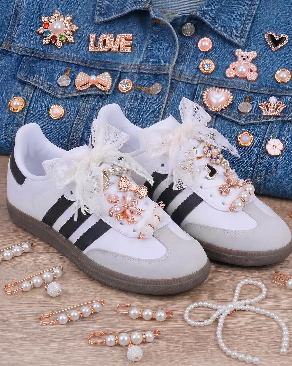 LovelyMoon 70 Pcs Junk Socks Charms Kit, Gold Brooches and Pins for Women, Pearl and Rhinestone Sock Charms with Safety Pins, DIY Accessories for Decorating and Personalizing Socks - Image 2