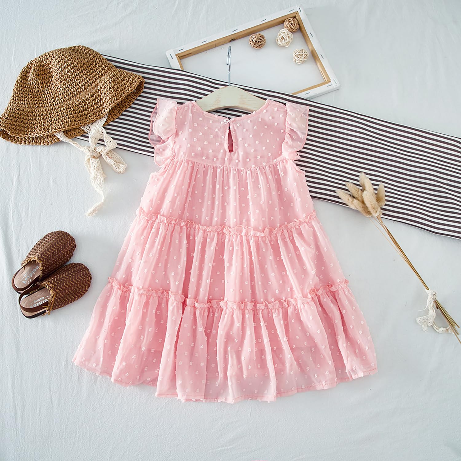 Vestido de fiesta plisado con volantes para niñas pequeñas, sin mangas, diseño de lunares suizos, talla 1-6T, Vestido de gasa rosa con lunares suizos, 12-24 meses
