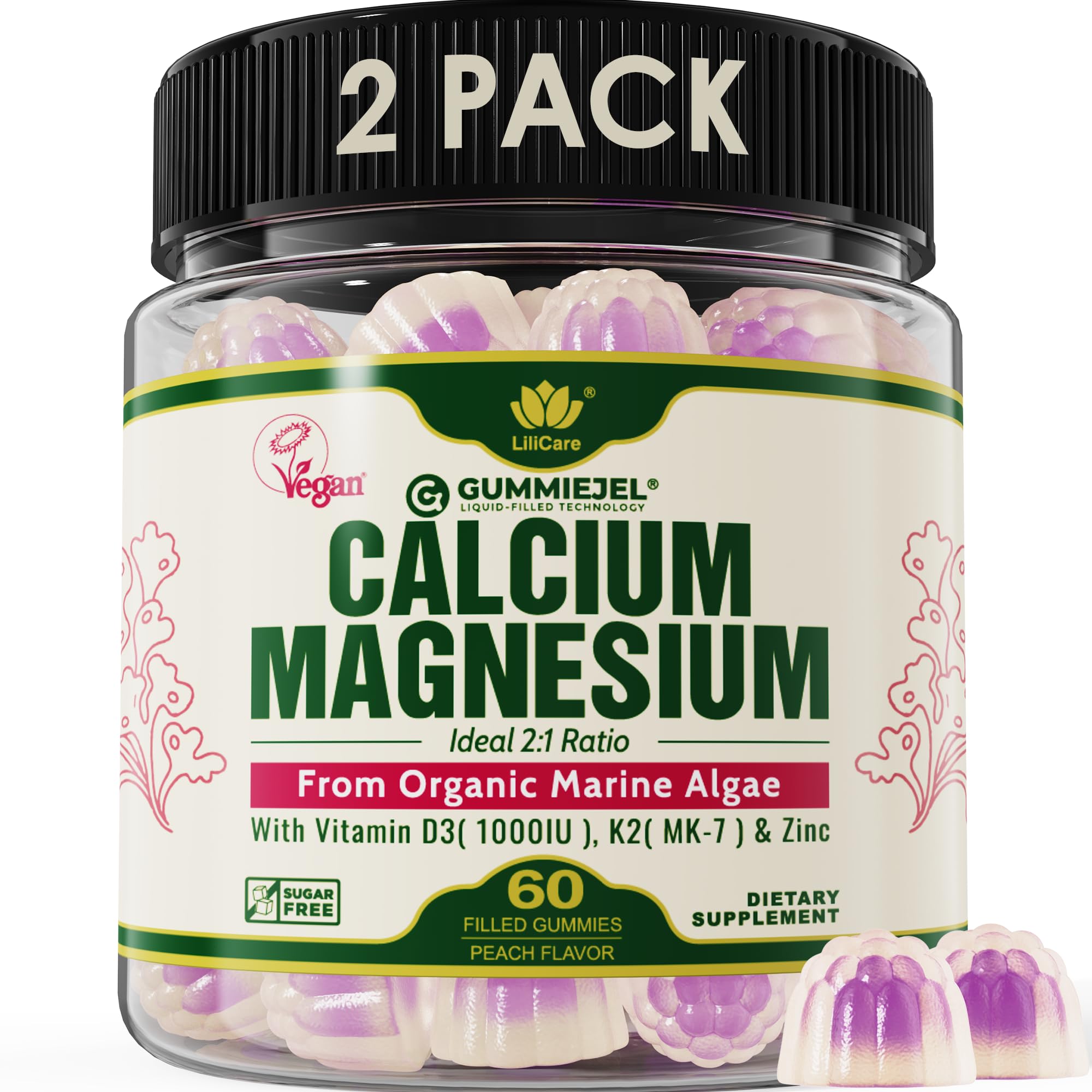 2 Pack - Plant Based Calcium Gummies 600mg with Vitamin D3 K2, Magnesium, Zinc for Bone Strength, Sugar Free Calcium Supplements for Women & Men (Certified Vegan) from Sustainably Organic Red Algae