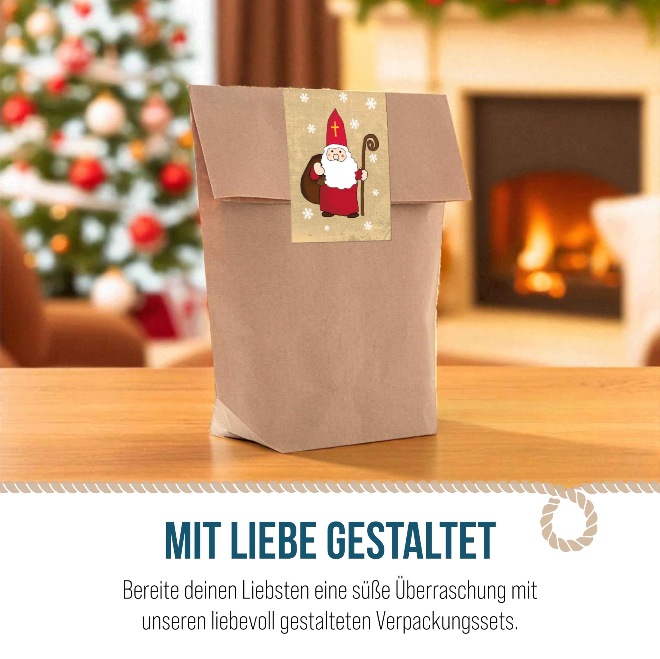 Logbuch-Verlag 100 brązowych torebek prezentowych na Boże Narodzenie 14 x 22 x 5,6 cm z papieru typu kraft z naklejkami bożonarodzeniowymi opakowanie Mikołaja