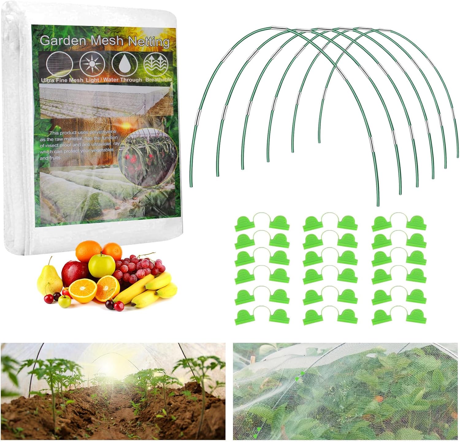 Garden Netting, 6 Sets (36 Pcs) 10x30FT Garden Mesh Netting for Raised Beds, Vegetable Plants, Fruits, Flowers, Row Cover, Birds, Animals Barrier, Garden Protection Net
