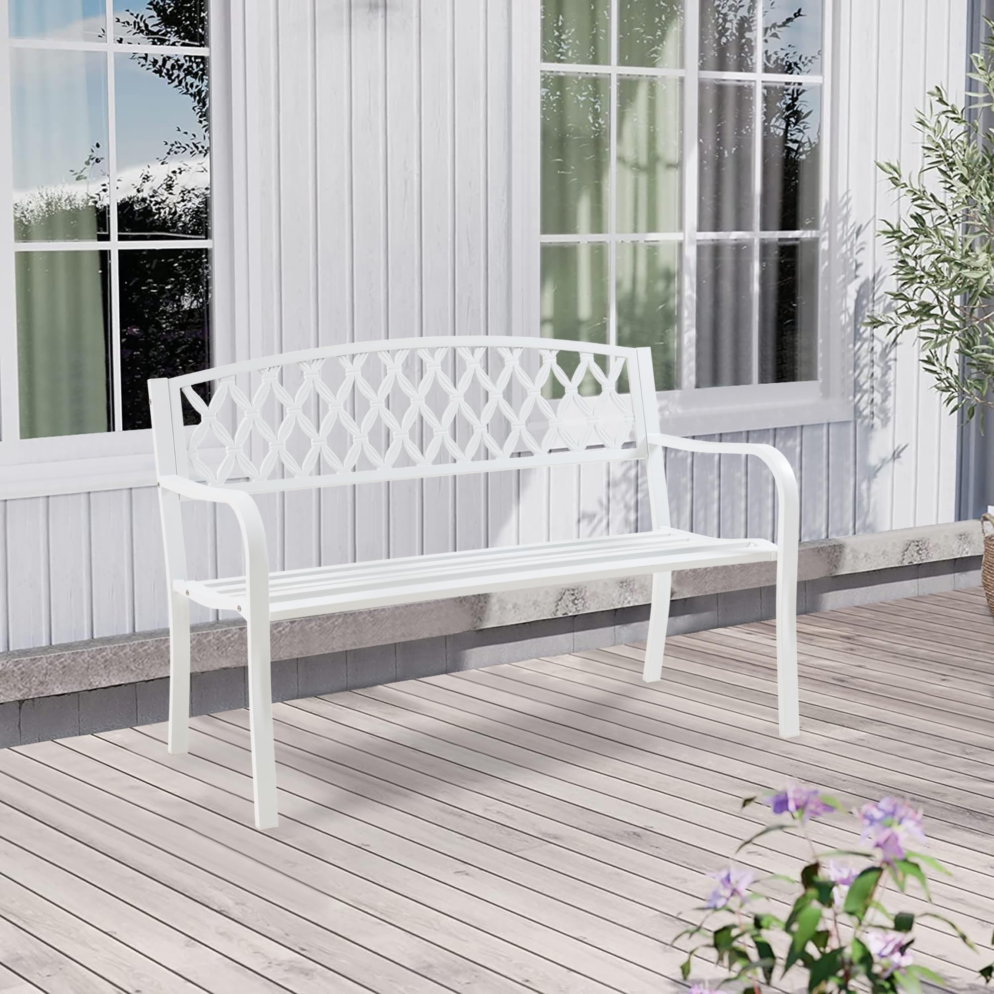 casa.pro Gartenbank Opsasar Weiß für 2-3 Personen Stahl 127 x 54 x 88 cm Gartenmöbel Sitzbank mit Rückenlehne witterungsbeständige Bank für Außenbereich