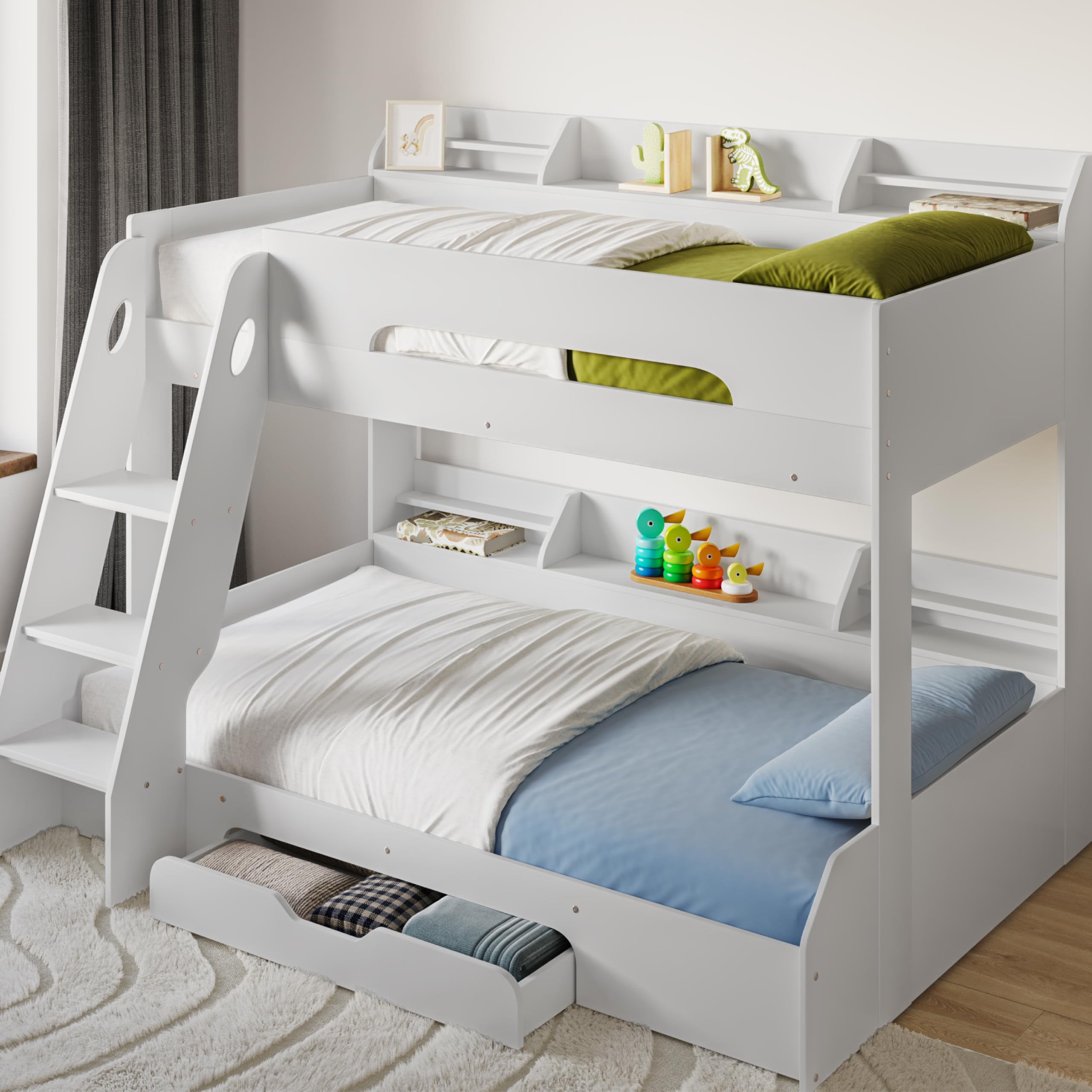 Triple Bunk Beds for Kids, Space-Saving Bunk Bed with Storage, Heavy Duty and Sturdy, Cosy, Stylish (White)