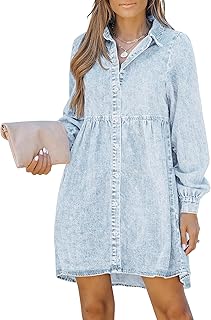 LookbookStore Long Sleeve Denim Dress for Women Jean Dress Button Down Casual Babydoll Denim Shirt Dress - Buy now
