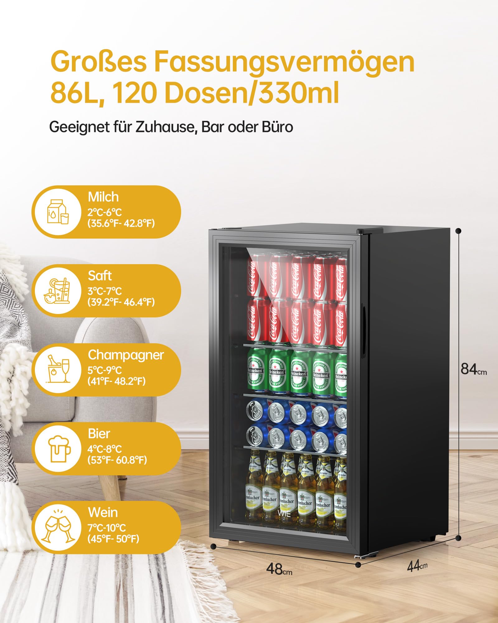 WIE Getränkekühlschrank Mini Kühlschrank Doppelte Glastür 86 Liter 120 Dosen Leise