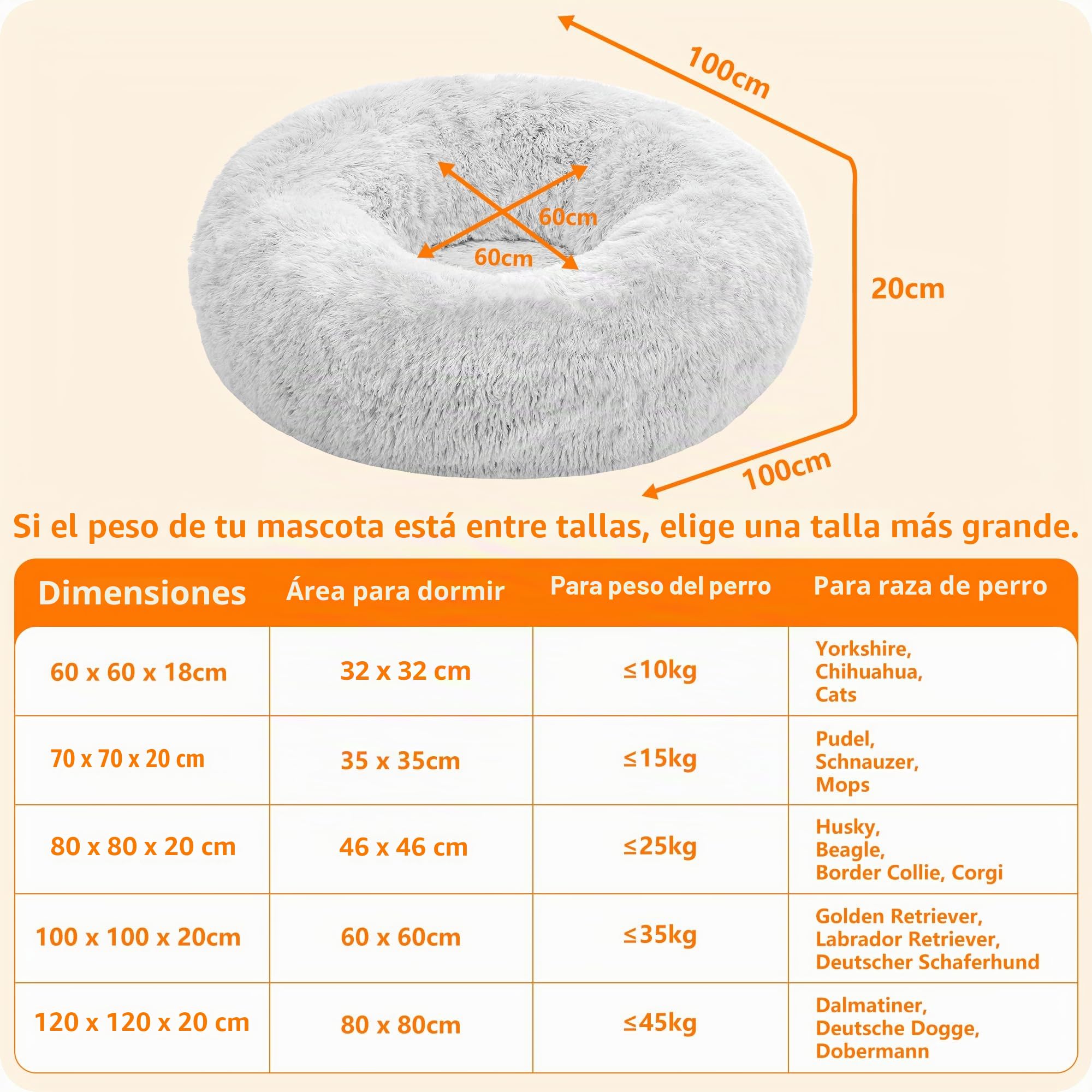 HMTOPE Cama Ortopédica Redonda Cojín para Perro Sofá Cama para Gato Donut Acogedora Cesta para Perro Lavable, 100 cm Ø, Gris Claro