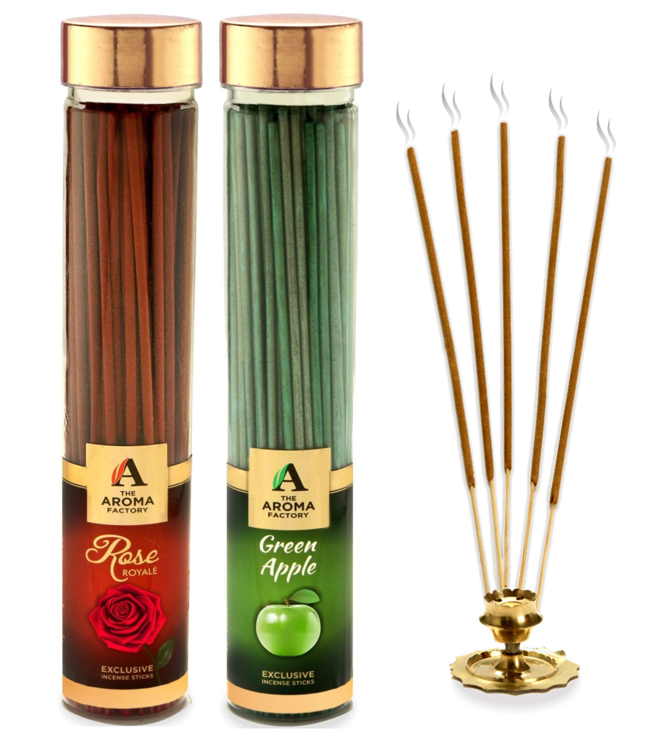 The Aroma Factory Rose & Green Apple Agarbatti for Pooja,Luxury Incense Sticks,No Charcoal,100% Herbal Fragrance Agarbathi, 0% Sulphates (Bottle Pack of 2x100g)