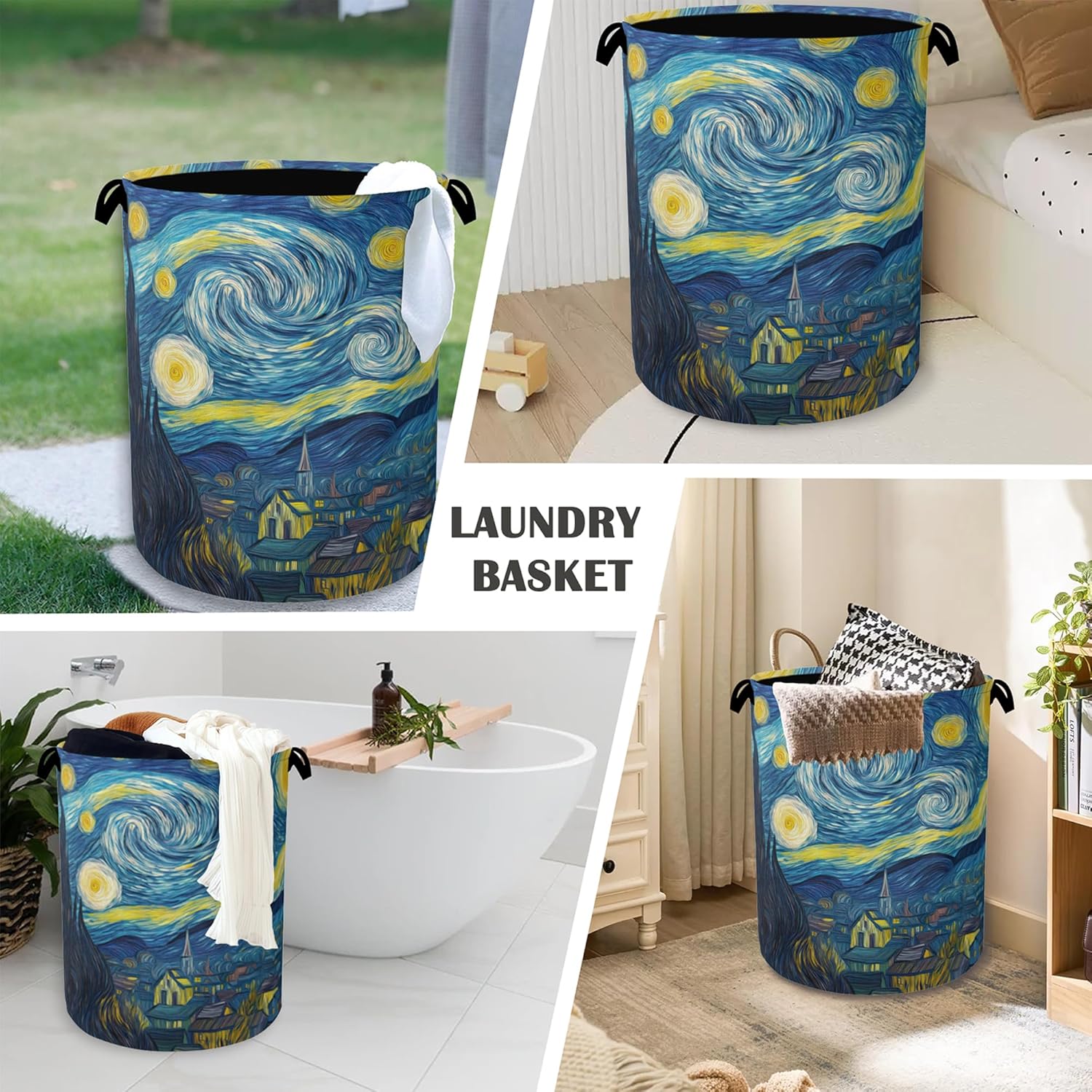 Starry Night Moon Laundry Basket,Village Oxford Cloth Laundry Hamper with Handle Foldable Portable Clothes Storage Basket for Bathroom Bedroom Dorm Room 16" x 20.8"