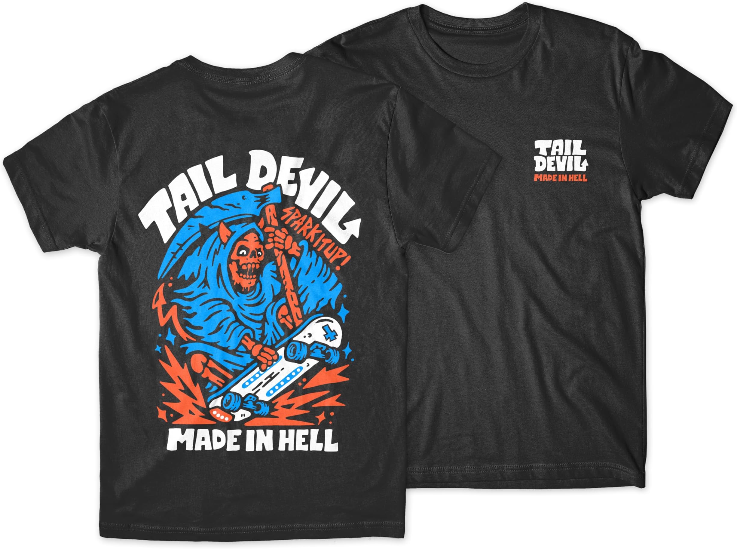 THE ORIGINAL TAIL DEVIL SPARK IT UP!Tail Devil Skateboard T-Shirt | Silk Screen Quality Tee | Spark IT UP | Made in Hell | Cool Skateboarding Brand