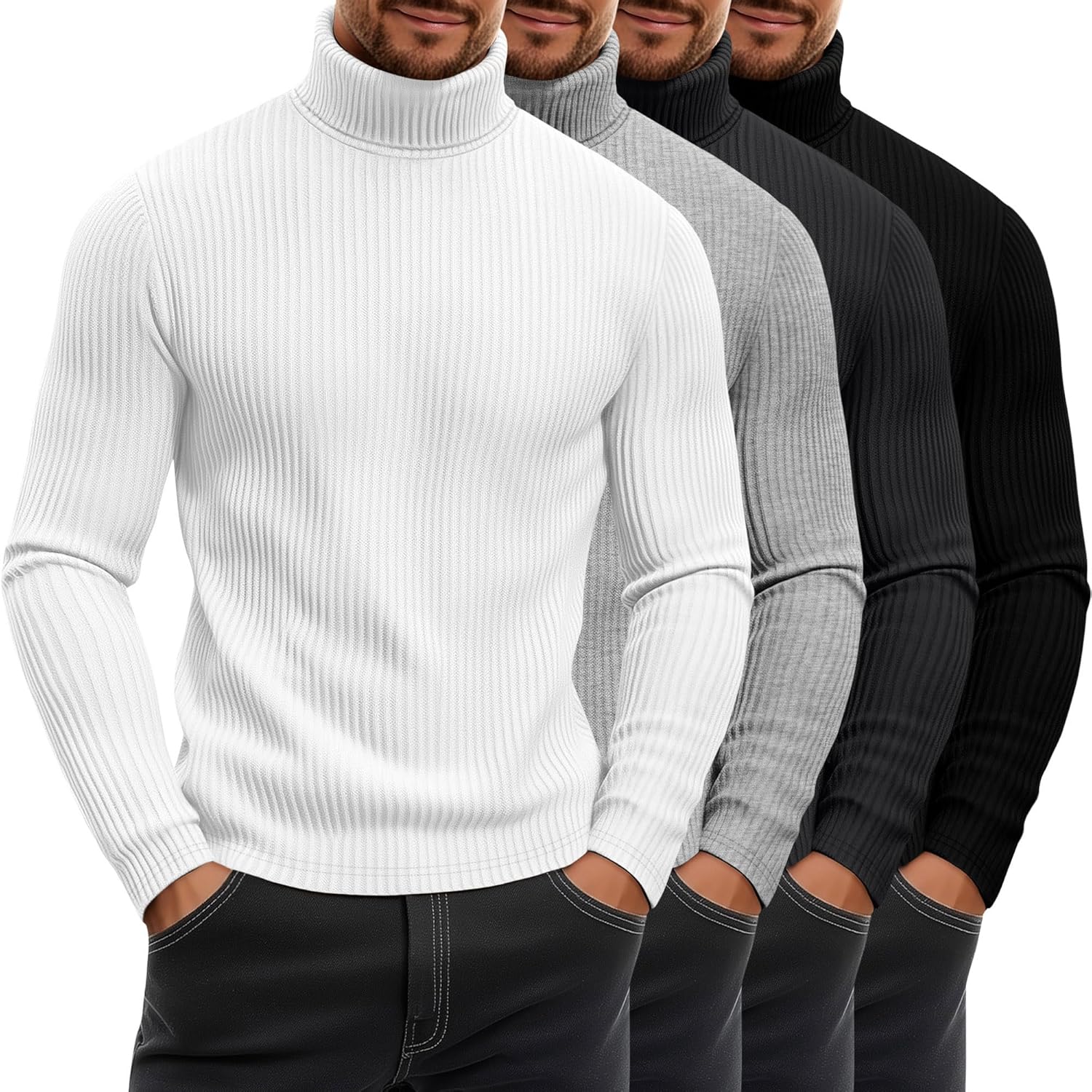 4 Pack Men's Ribbed Turtleneck Shirts, Cotton Long Sleeve Slim Fit Mock Neck Tops Lightweight Pullover Sweaters