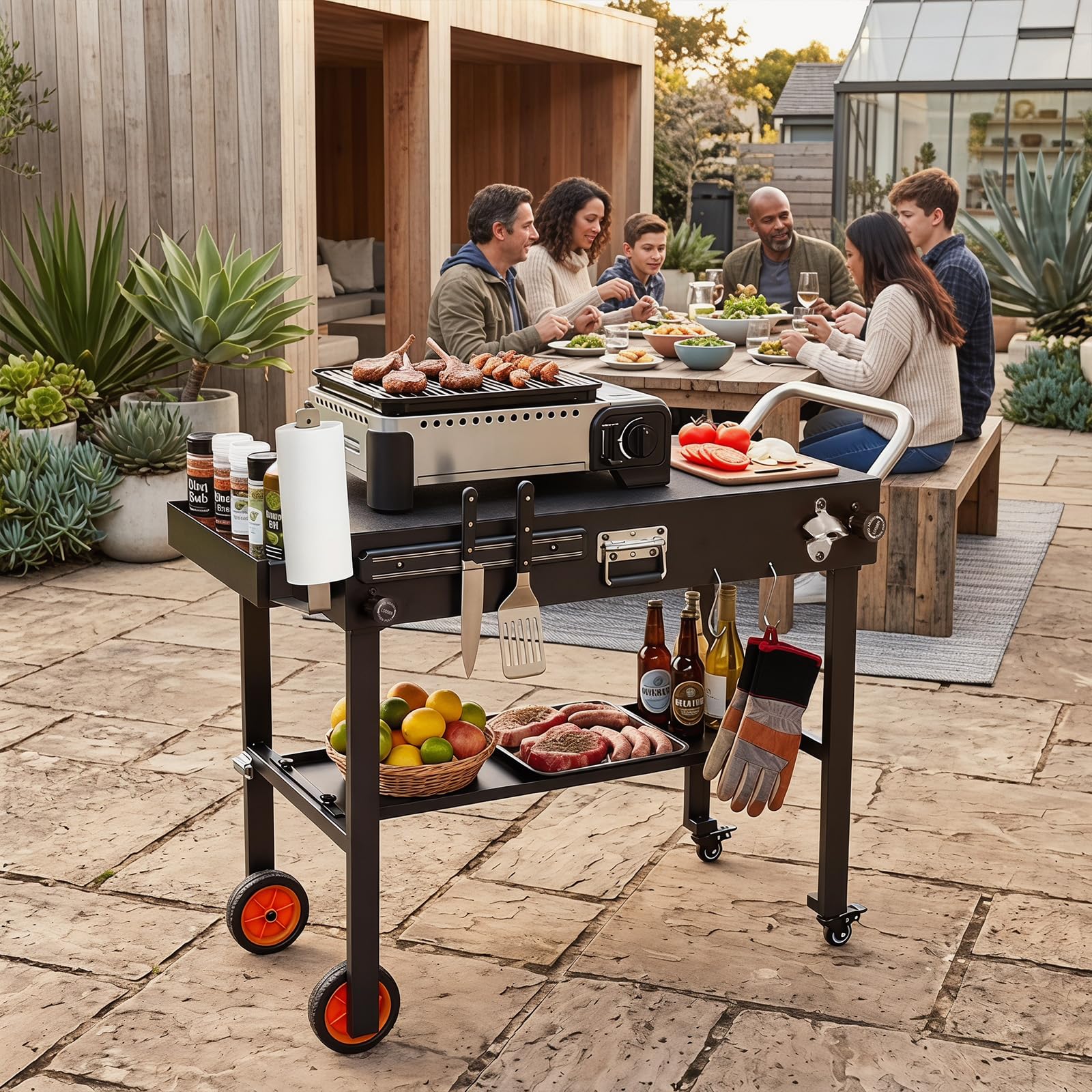 COSTWAY Grillwagen Outdoor, Grilltisch klappbar, Servierwagen Metall | Pizzatisch mit Rollen, 82 x 46 cm Arbeitsfläche & Hitzeschutzmatte, Grill Beistelltisch wetterfest, für BBQ Partys Garten