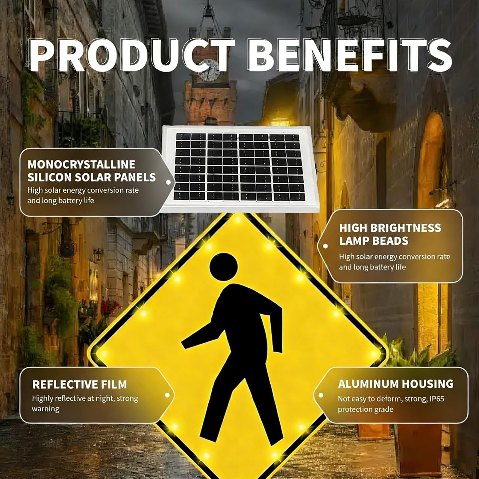 Zasilana energią słoneczną, migająca tabliczka na przejście dla pieszych (61/76 cm) z zasilaniem energią słoneczną, nierdzewna aluminiowa rama, szkoły, obszary miejskie i instalacje mieszkalne (30