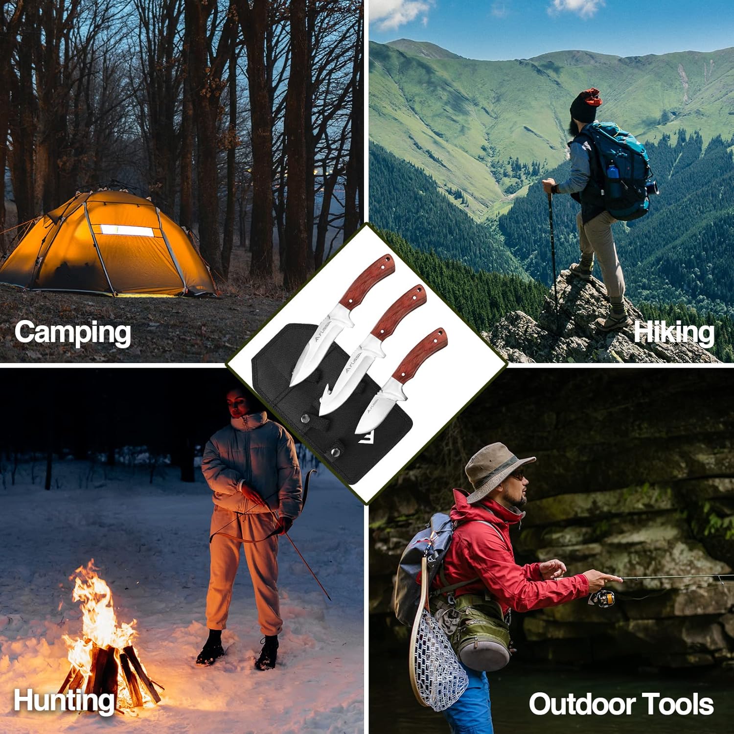 FLISSA Hunting Knife Set, Full Tang Hunting Knife with Sheath, 3-Pieces Fixed Blade Knife, Hunting Survival Knives For Outdoor, Camping, Bushcraft : Sports & Outdoors