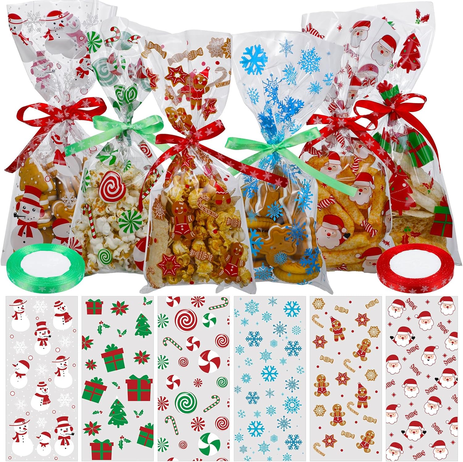 Layhit 600 Pcs Christmas Cookie Bags Christmas Snack Bag with 50 yd Ribbon Cellophane Gift Bags for Xmas Goodie Arts Crafts Flower Wrapping Party Favor Supplies