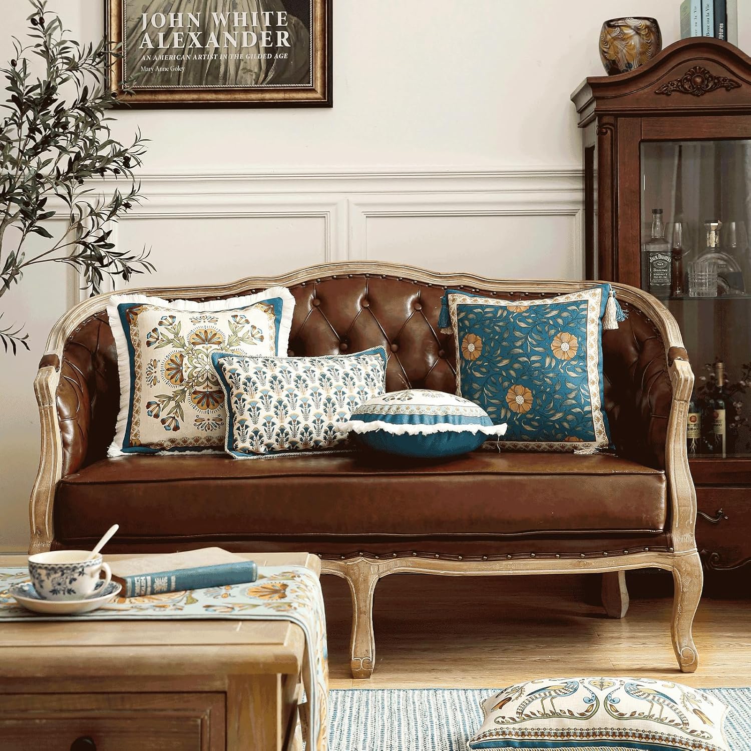 patdrea Designer Rectangle Throw Pillow Covers Set of 2,Rustic Vintage Blue Linen with Floral Pattern Pillow Cover,Decorative Lumbar Pillowcases Cushion for Bed Living Room Outdoor Car,12"x20" - Image 3