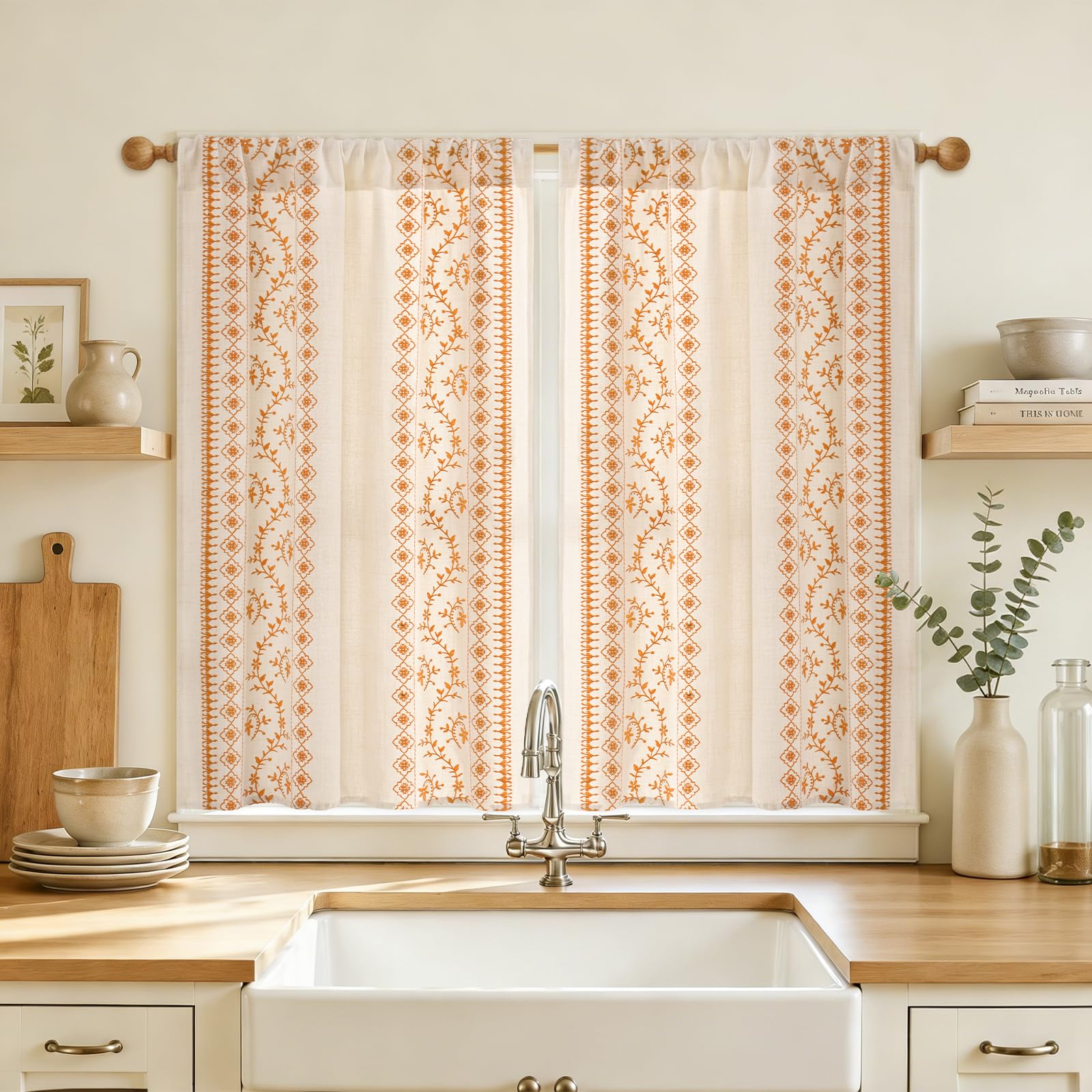 Yinhua Boho Kitchen Curtains 36 Inch Length Orange Embroidered Floral Cafe Curtains, Light Filtering Farmhouse Kitchen Window Curtain Rod Pocket Short Tier Curtains for Windows, 26" W x 36" L