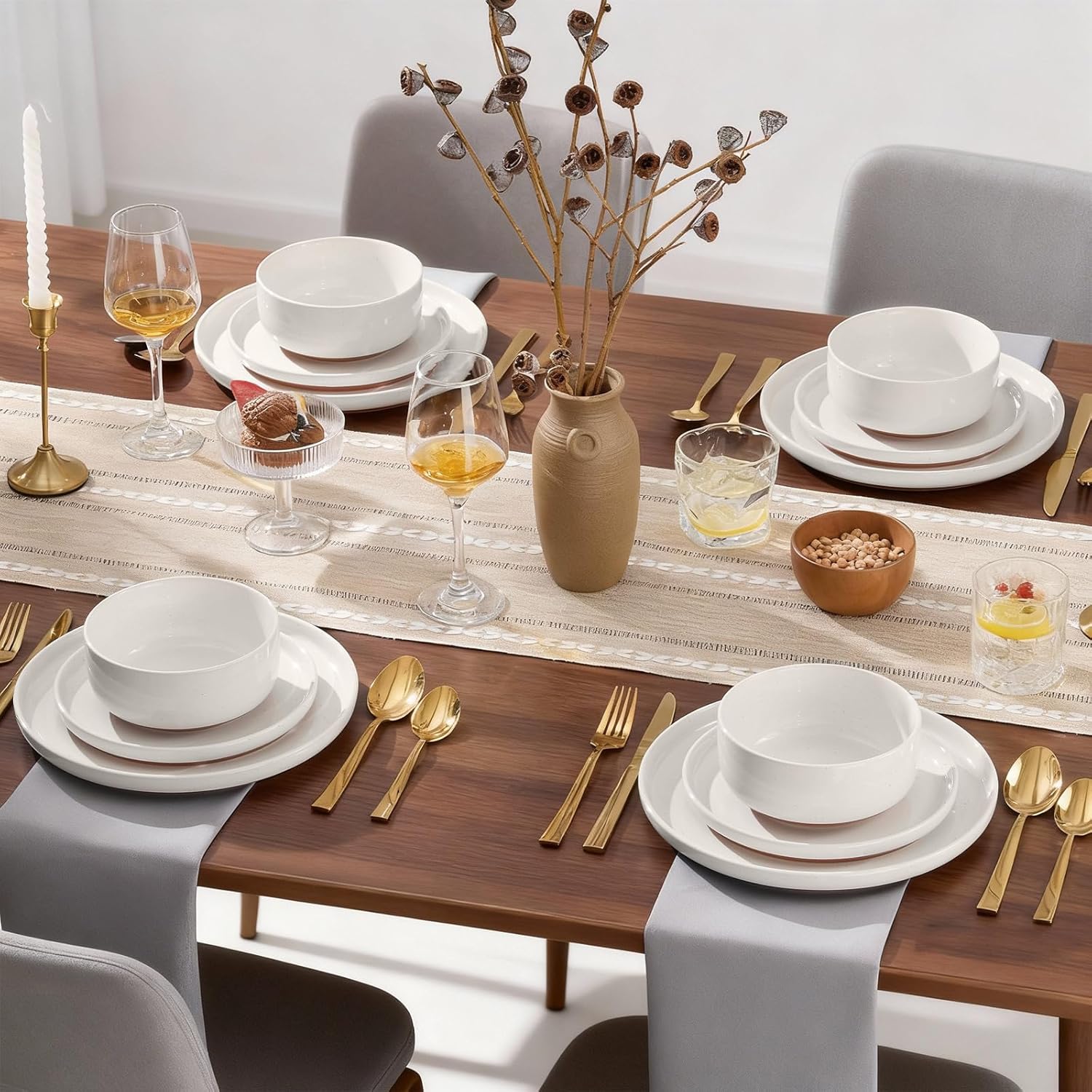 E-far 12-Piece Stoneware Dinnerware Sets, Plates and Bowls Sets for 4, Ceramic Dishware Dishes Set with Terracotta Base, Chip & Scratch Resistant, Microwave & Dishwasher Safe, Speckled White