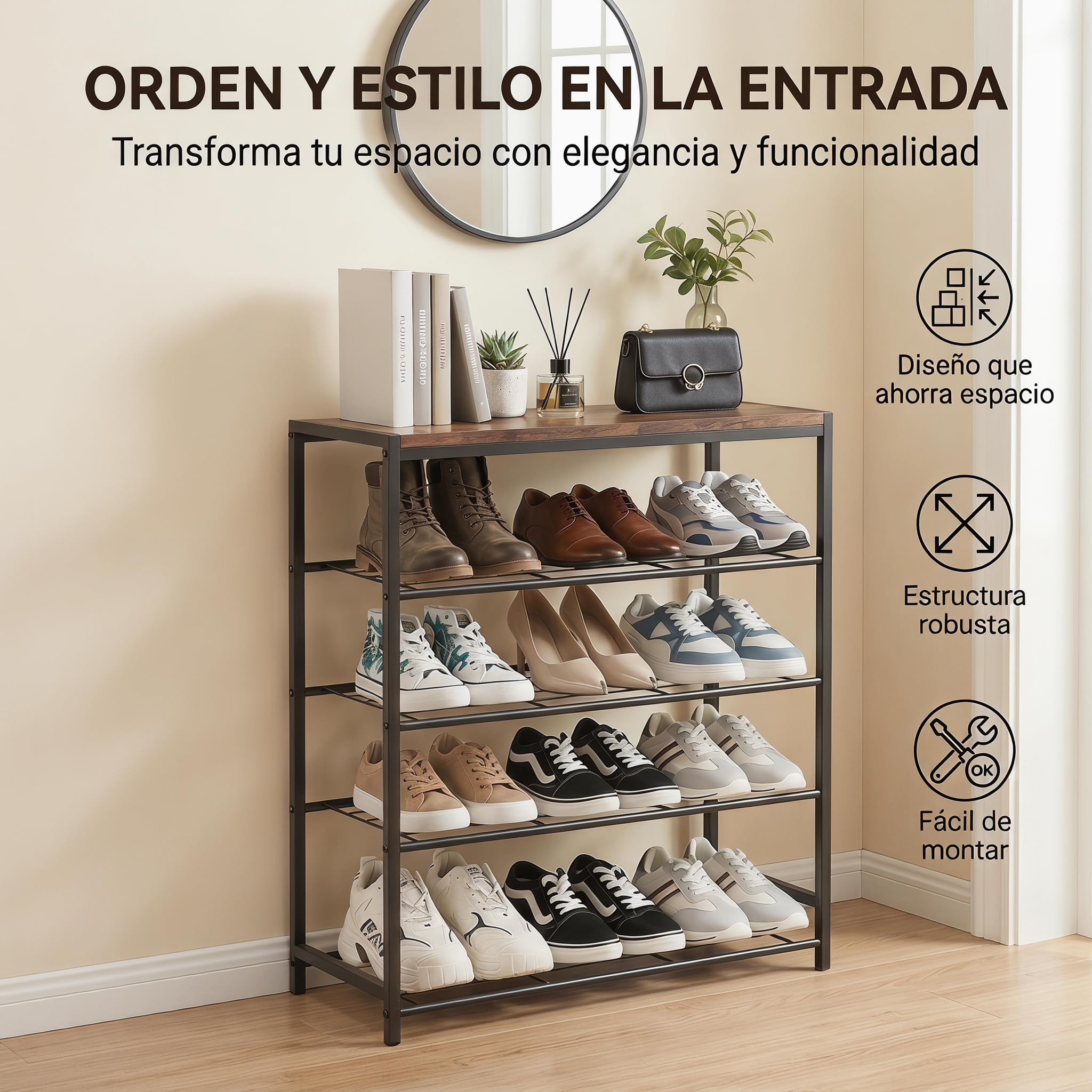 Zapatero Recibidor de 5 Niveles con Estante Superior - Mueble Zapatero Estrecho y Alto, Estantería de Metal Vertical Ahorro de Espacio para Entrada, Estilo Industrial, 63 x 30 x 83 cm