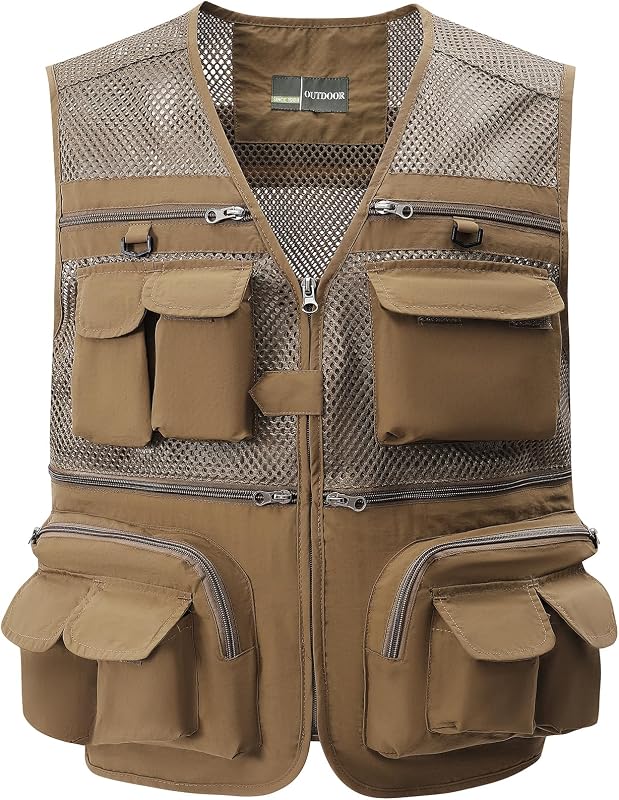 Gihuo Chaleco de pesca para hombre, chaleco de viaje de safari con bolsillos, chaleco de verano para trabajo al aire libre, fotografía, mosca de carga