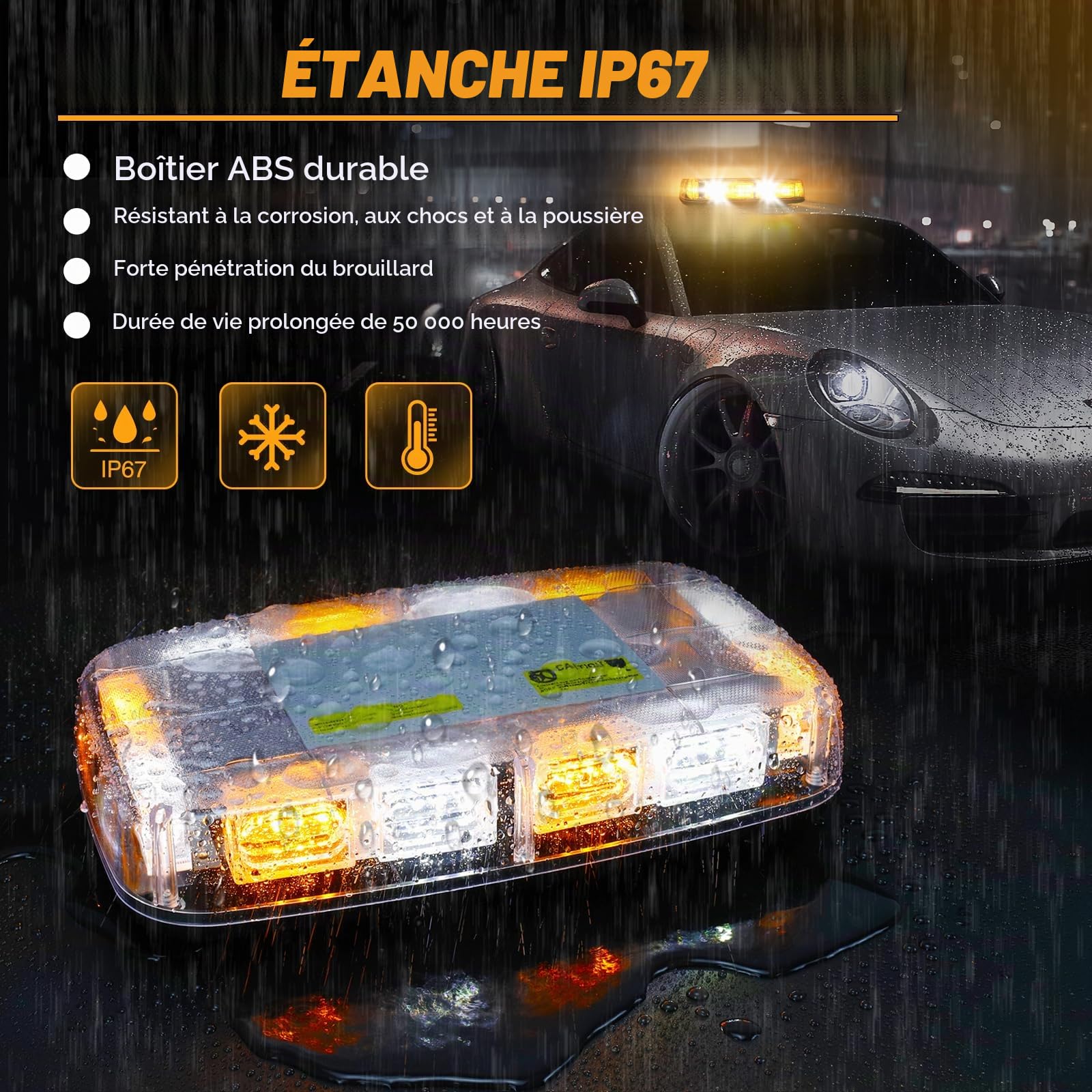 Gyrophare Magnetique LED pour Véhicule Voiture, 48W Lampe stroboscopique LED Orange 12V-24V Lampe d' Avertissement, avec 16 Flash Modes, 5m Câble Prise Allume-Cigare (Ambre& Blanc)