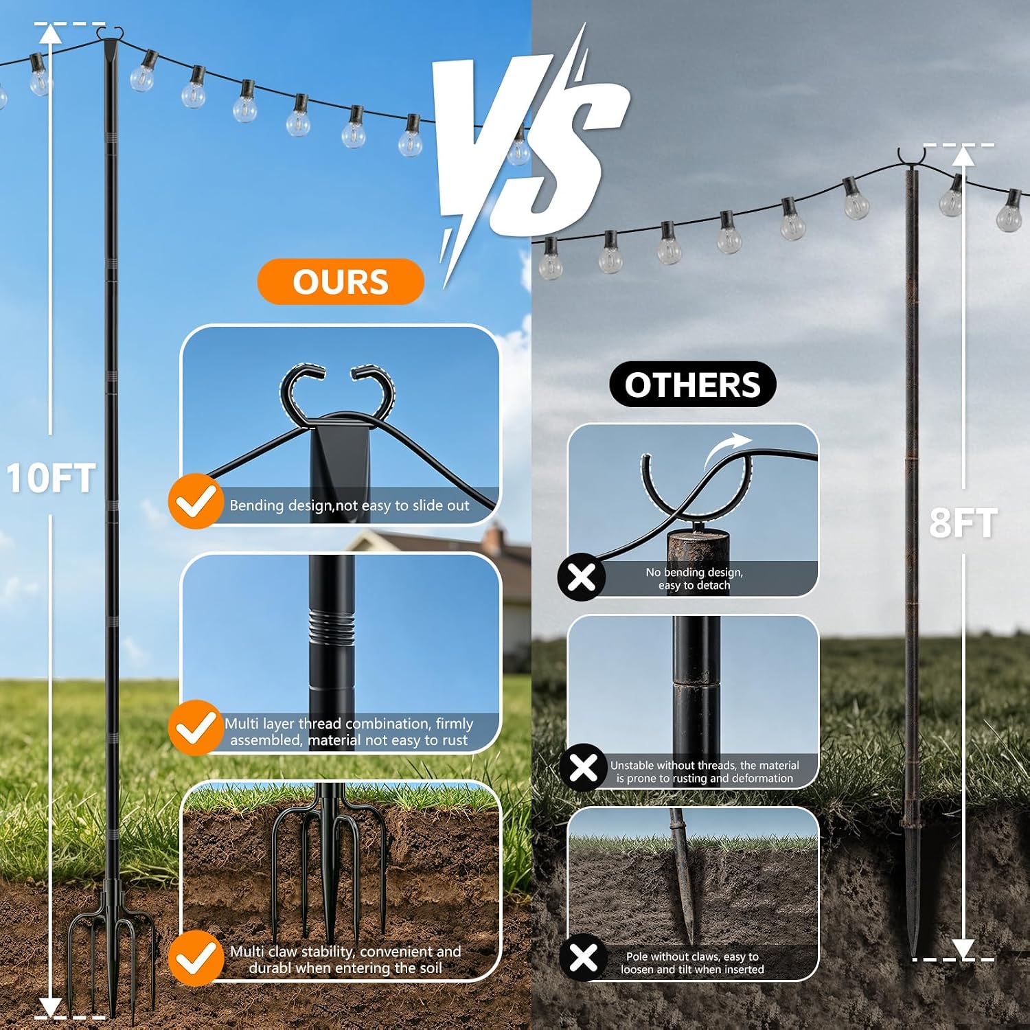 10Ft String Light Poles 4 Pack,Poles for Outdoor String Lights with Fork and Fence Clamp,Hanging Lights Metal Stand Post for Deck Patio Backyard Garden Decorations