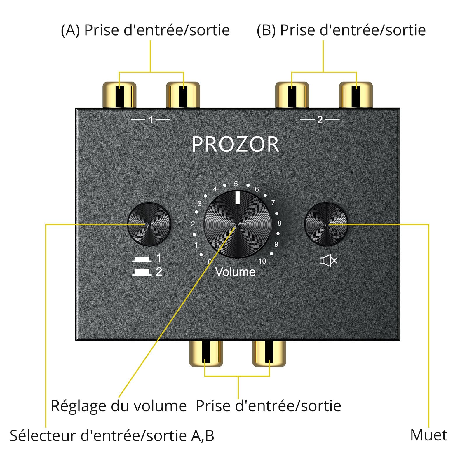 PROZOR Commutateur Audio Stéréo Bidirectionnel R/L 2-en-1/1-en-2 - Bouton Muet Volume sans Alimentation pour Home Cinéma Studio
