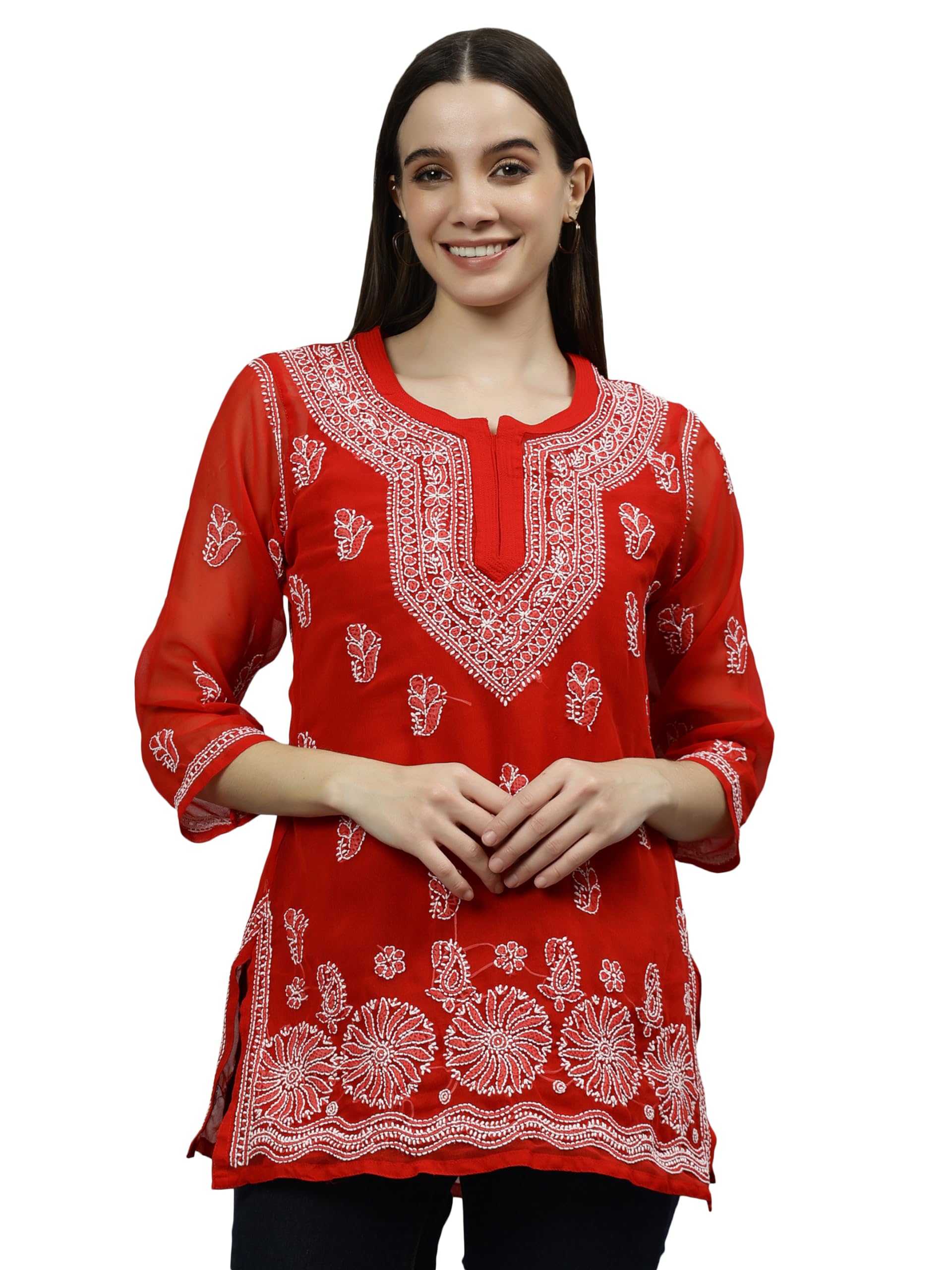 Hand Embroidered Lucknowi Chikankari Georgette Women's Short Top Tunic with Slip SCL9115-image-26