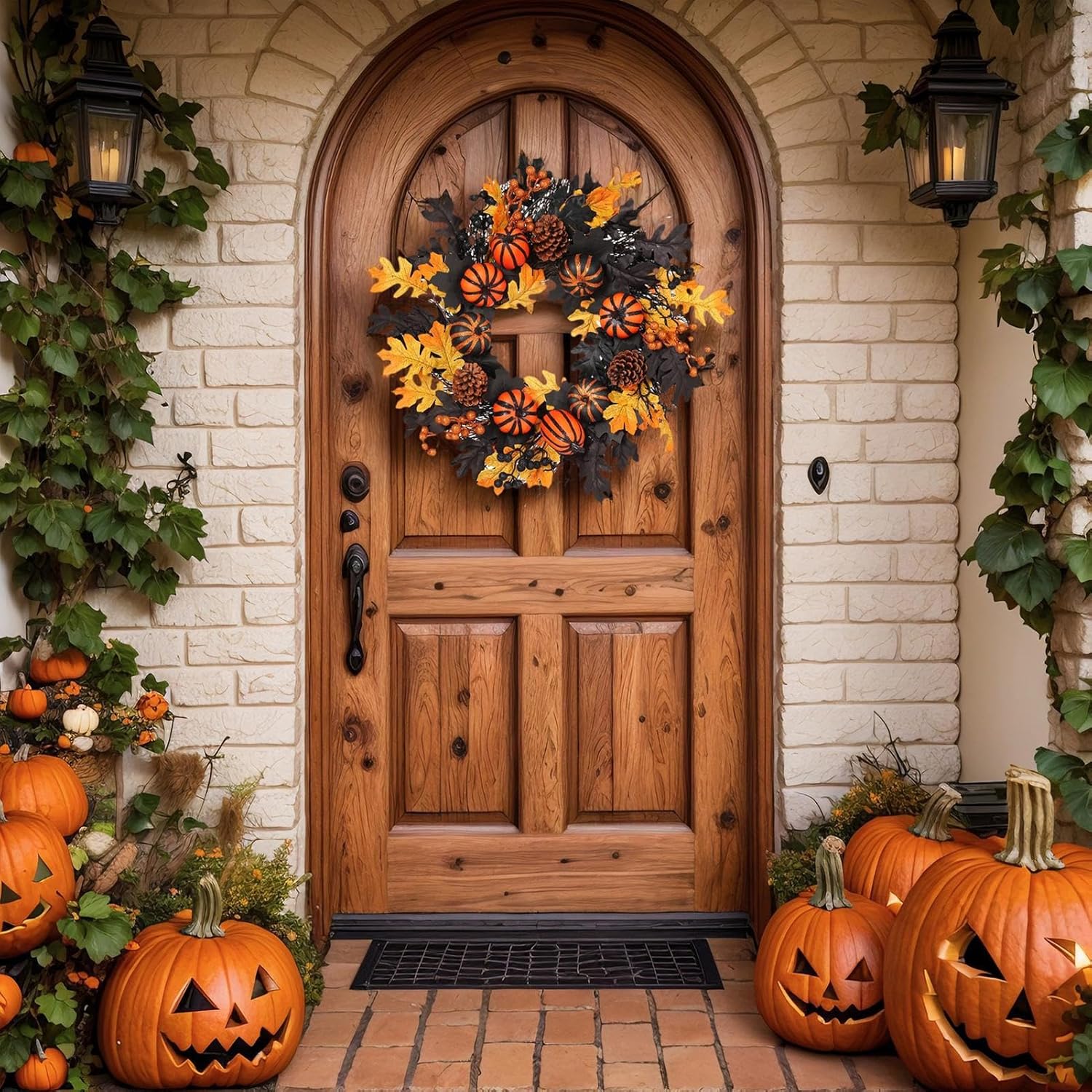 ハロウィンパンプキンリース - ハロウィン 秋 カエデの葉 リース - ドアハンガー ガーランド 秋のカラフルな装飾 バルコニー 壁