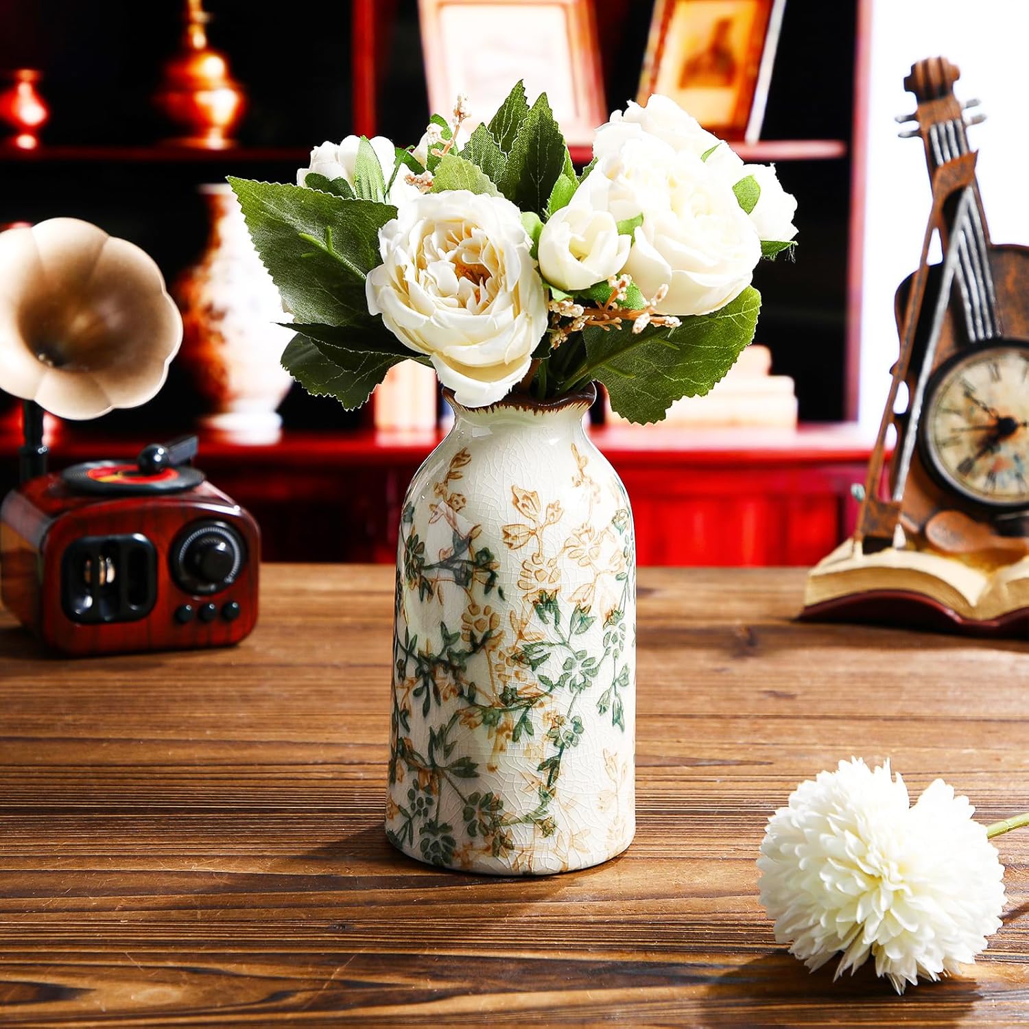 1 Pcs Green and Beige Vintage Vase Ceramic Chinoiserie Floral Vase Cracked for Rustic Home Bookshelf Living Room Table Centerpiece Decors (Small) - Image 2