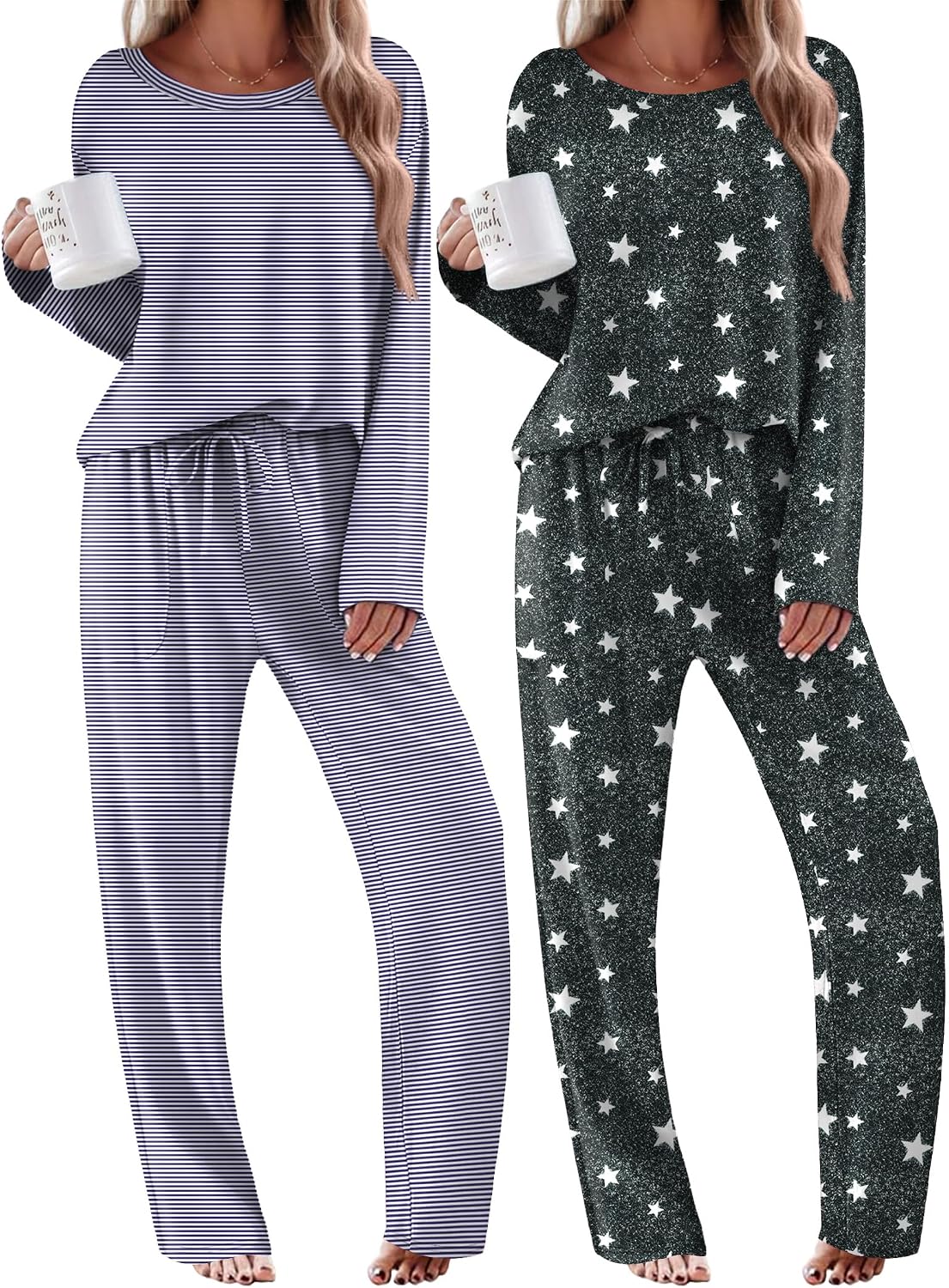 Ekouaer 2 Pack Womens Pajama Sets Long Sleeve Long Pants Pjs Loungewear