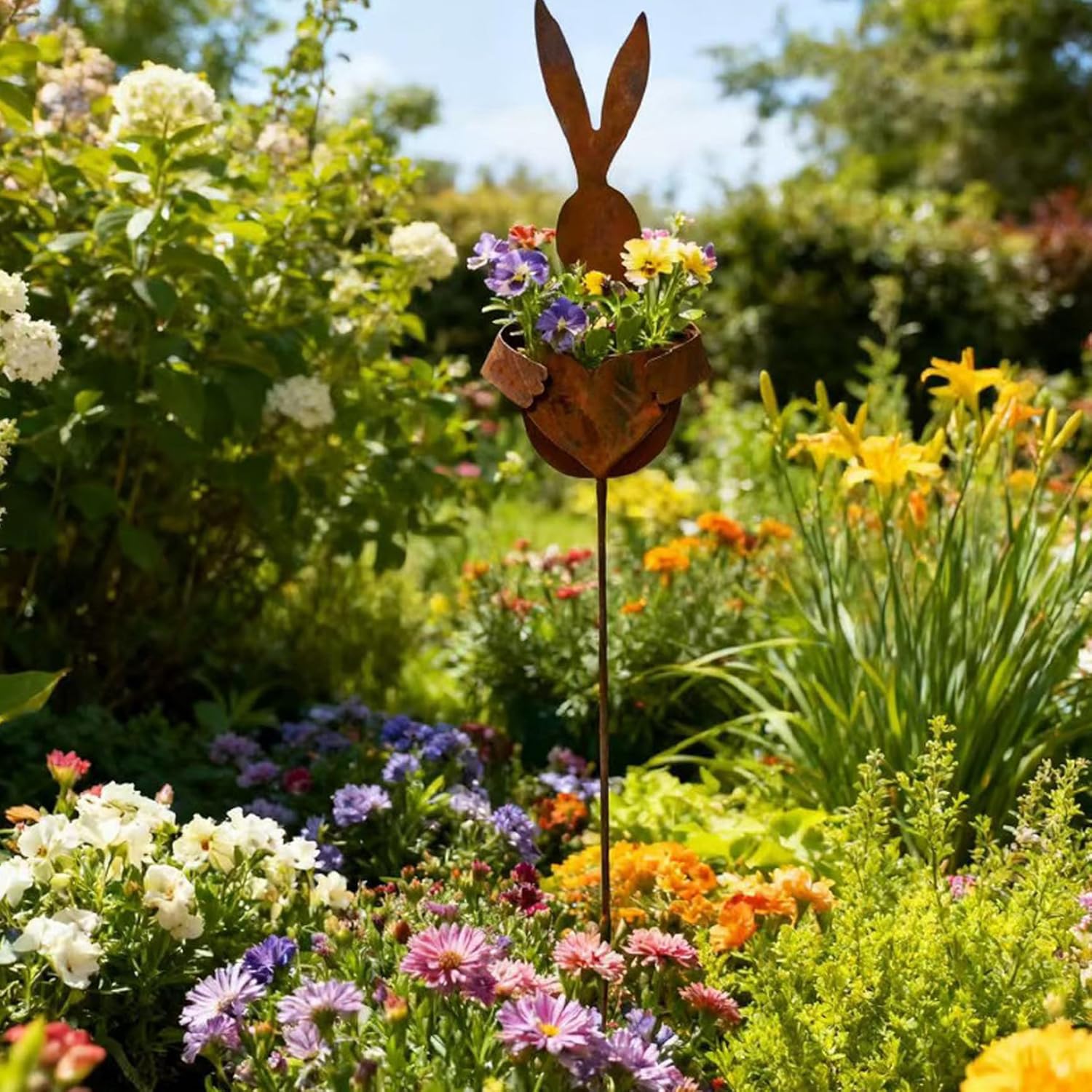 Garden Stakes Vintage Rustic Easter Bunny Yard Stakes Set of 3 Rabbit Silhouette Garden Decor with Planter for Flowers for Outdoor Spring Easter Decor.