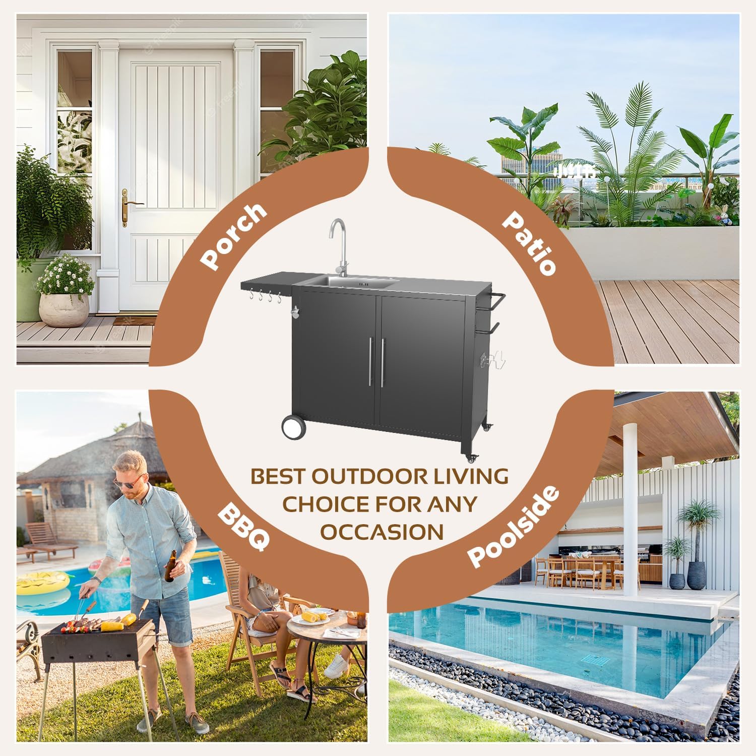 Outdoor Kitchen Sink with Hose Hook up, Stainless Steel Prep Table Kitchen Island, Rolling Pizza Oven Stand BBQ Grill Table for Garden, Backyard and Lawn