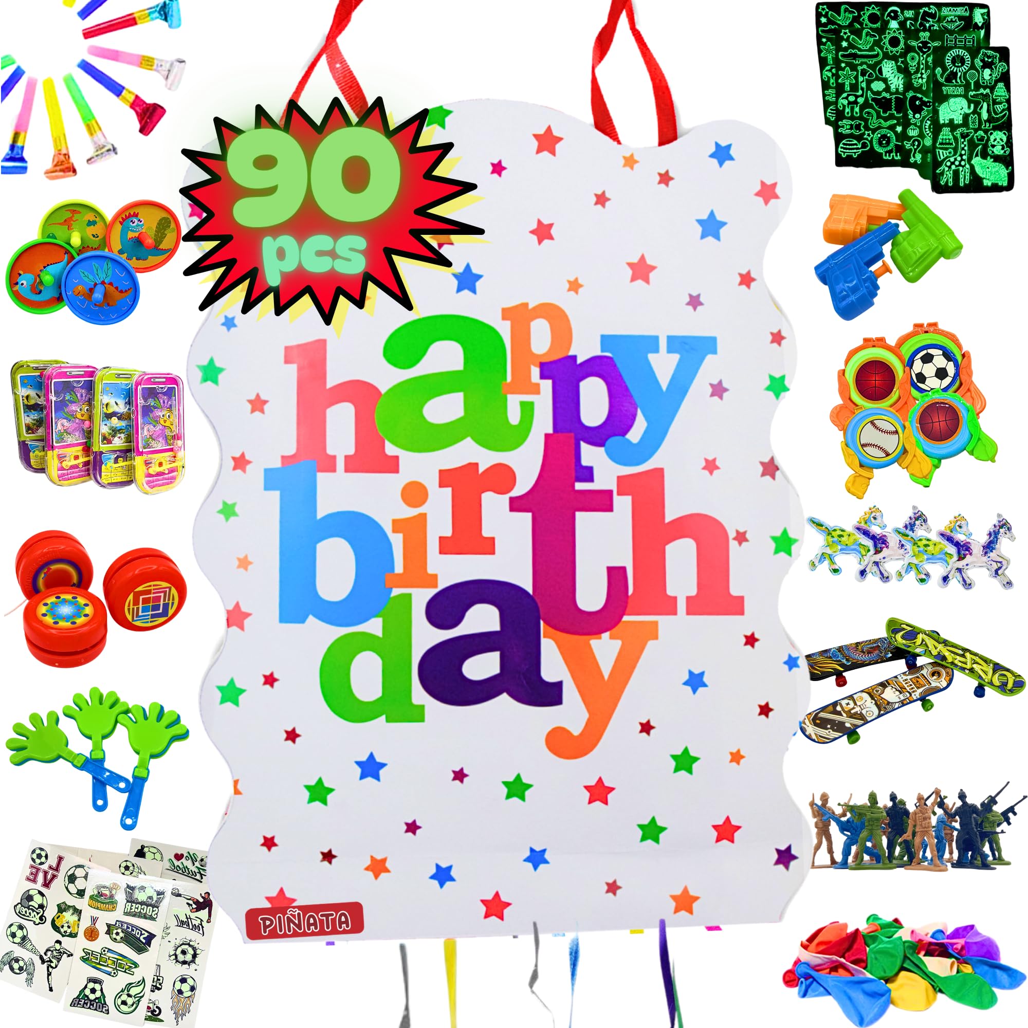 Pignatta Compleanno con 80 Giochini per Feste Bambini + Pentolaccia Happy Birthday