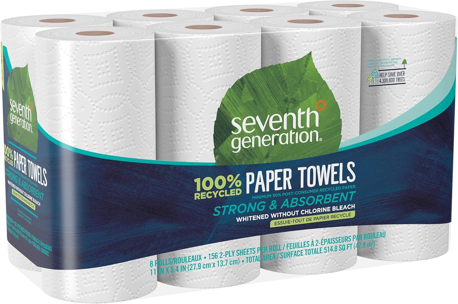 Seventh Generation 100% Recycled Paper Kitchen Towel Rolls, 2-Ply, 11 x 5.4, 156 Sheets/Roll, 8 Rolls/Pack