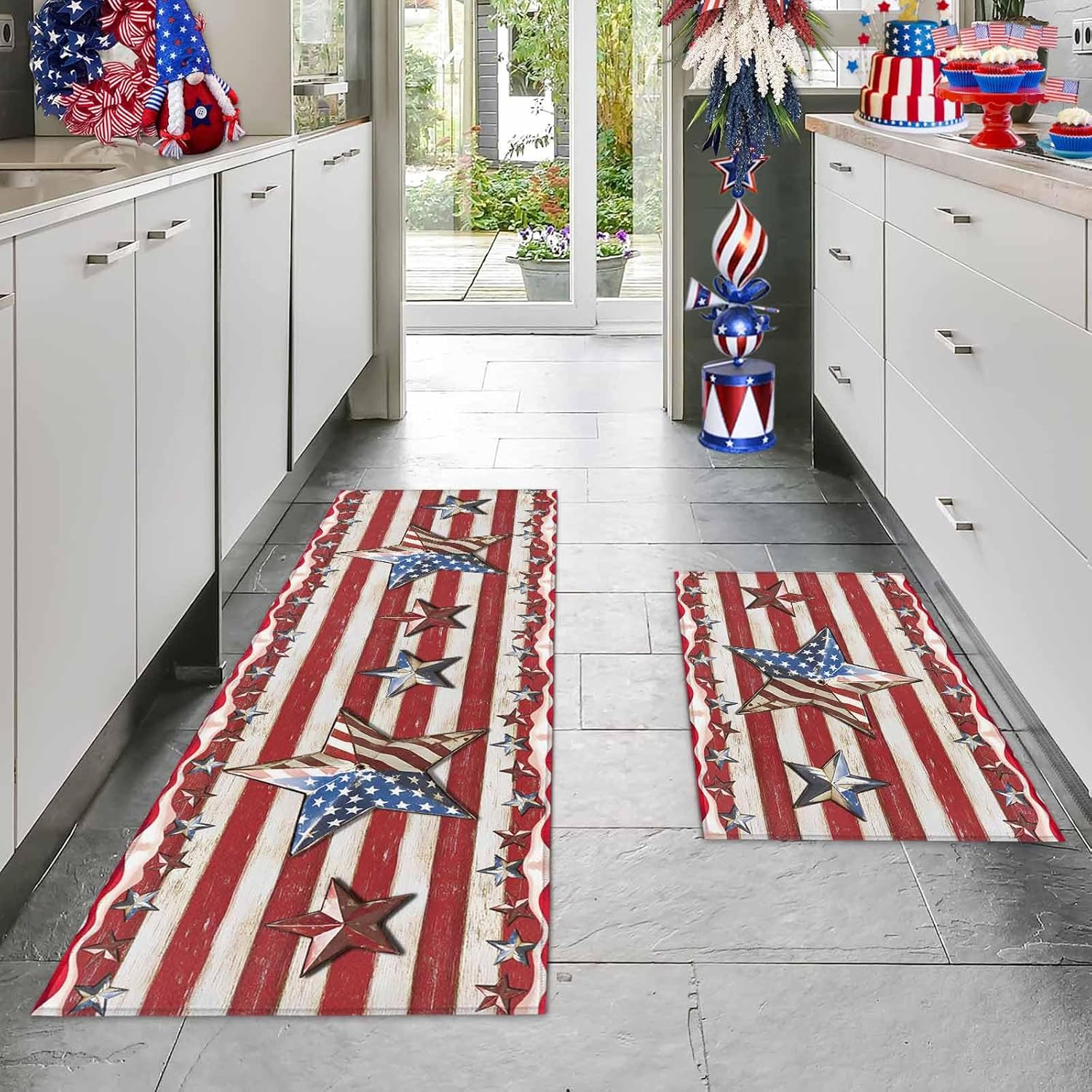 2 Pieces Kitchen Rugs and Mats,Independence Day American Star Area Runner Rug Set Non Slip Floor Doormat Washable Carpet Standing Mat for Kitchen Sink Indoor Corridor,Farmhouse Retro Red Stripe Wood