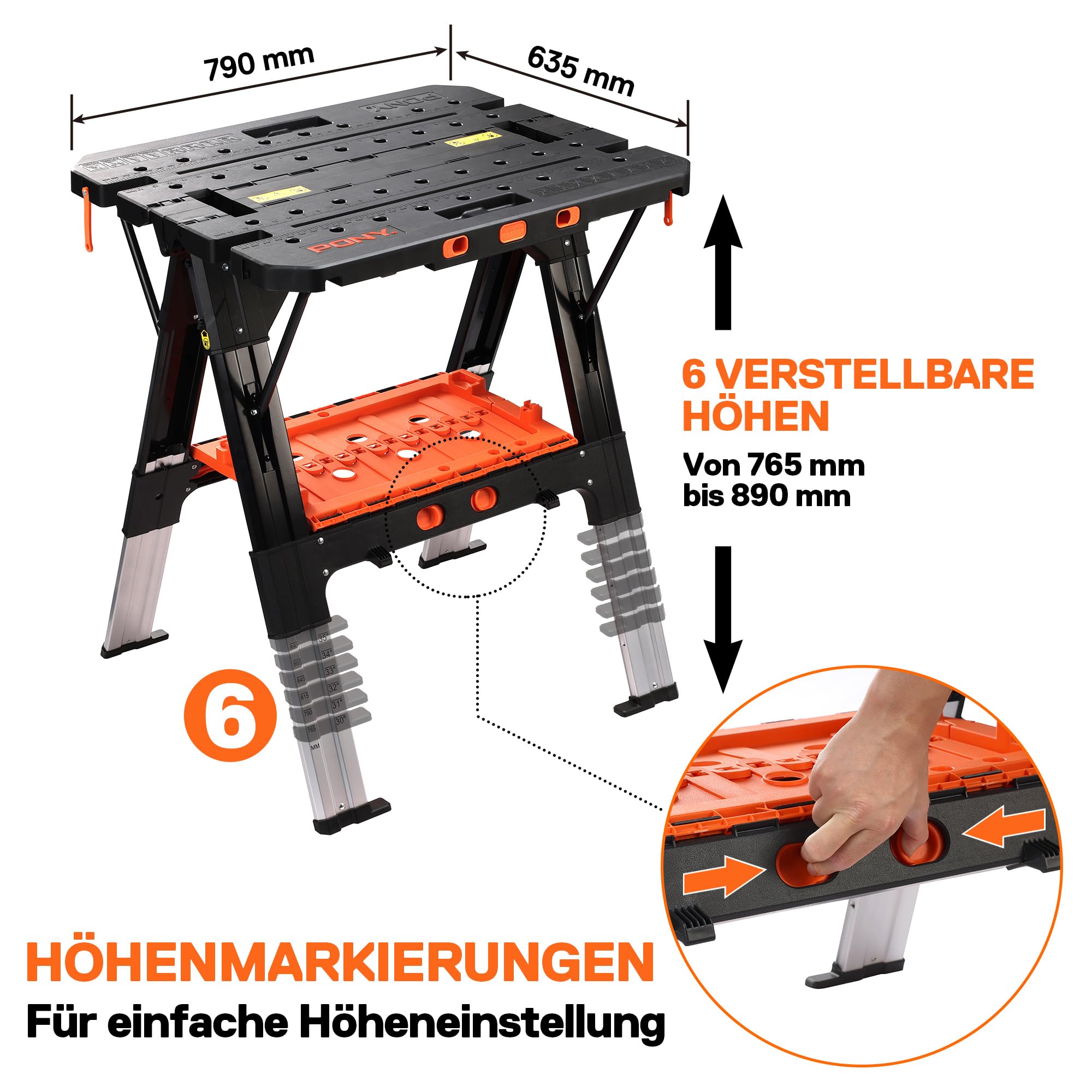 Pony 2 in 1 Werkbank klappbar bis 454kg belastbar, klappbare Sägebock mit ausziehbaren Aluminiumbeinen, Arbeitsbock mit 4 Schraubzwingen 150/300mm & 4 Stöcken, 79 x 63,5 x 89 cm