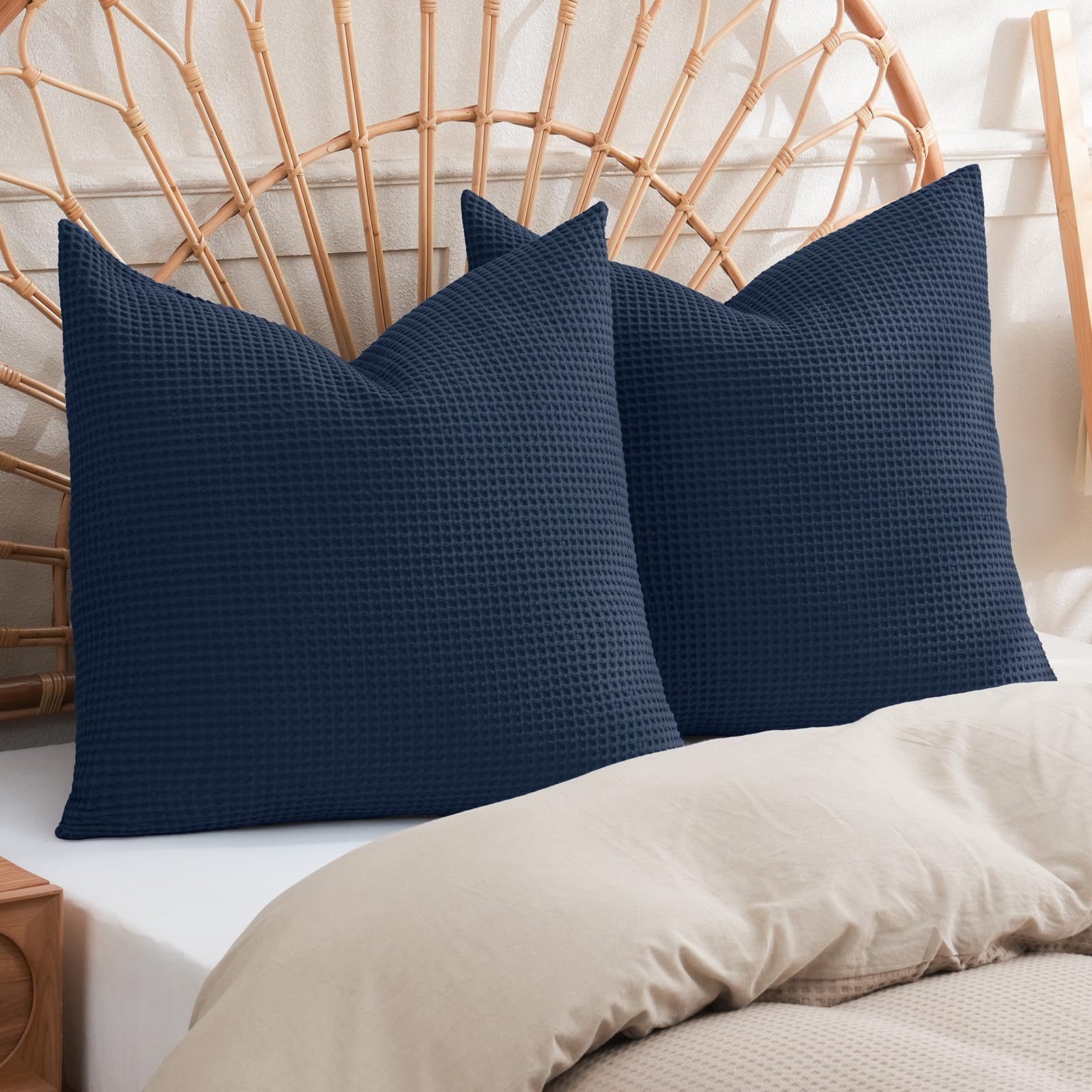 PHF 100% Cotton Waffle Textured Euro Sham, 26" x 26", Set of 2, Home Decorative Euro Throw Pillow Covers for Bed Couch Sofa, No Filling, Low Covers for Bed Couch Sofa, No Filling, Navy Blue