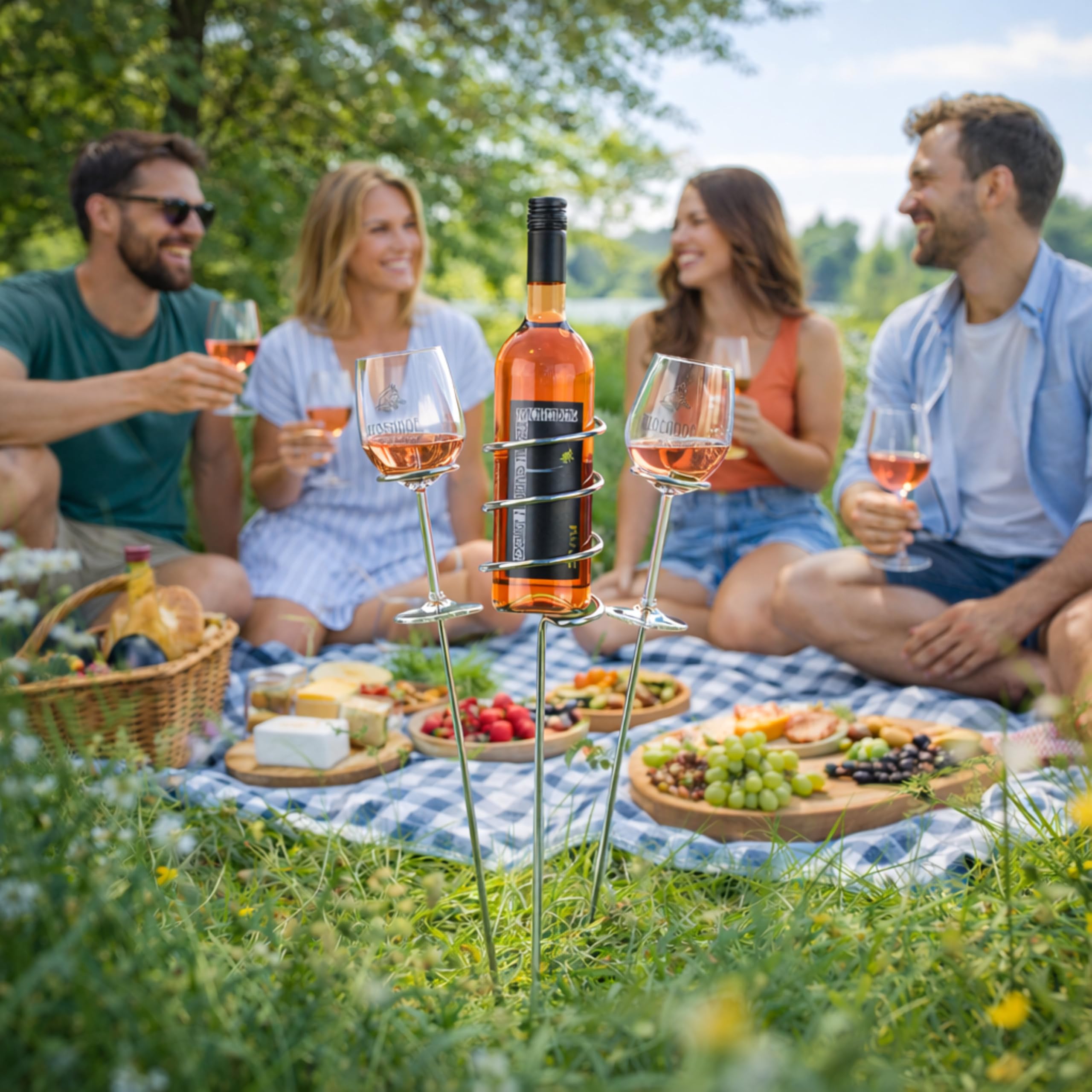 Original Weinständer [Starter-Set] Edelstahl Flaschen- und Glashalter | Weingenuss für überall | Das Gadget beim Picknick am Strand im Garten und beim Camping (Starter-Set)